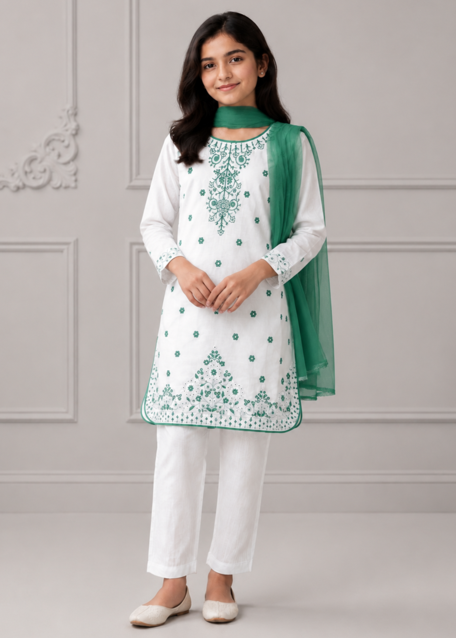 cotton Kurta Set in White, sea green