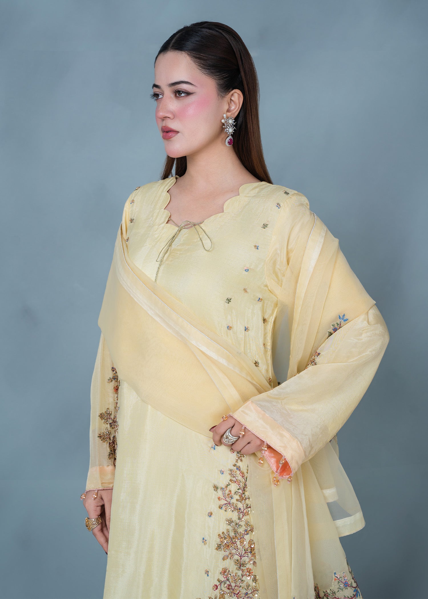 tissue silk Kurta Set in Lemon