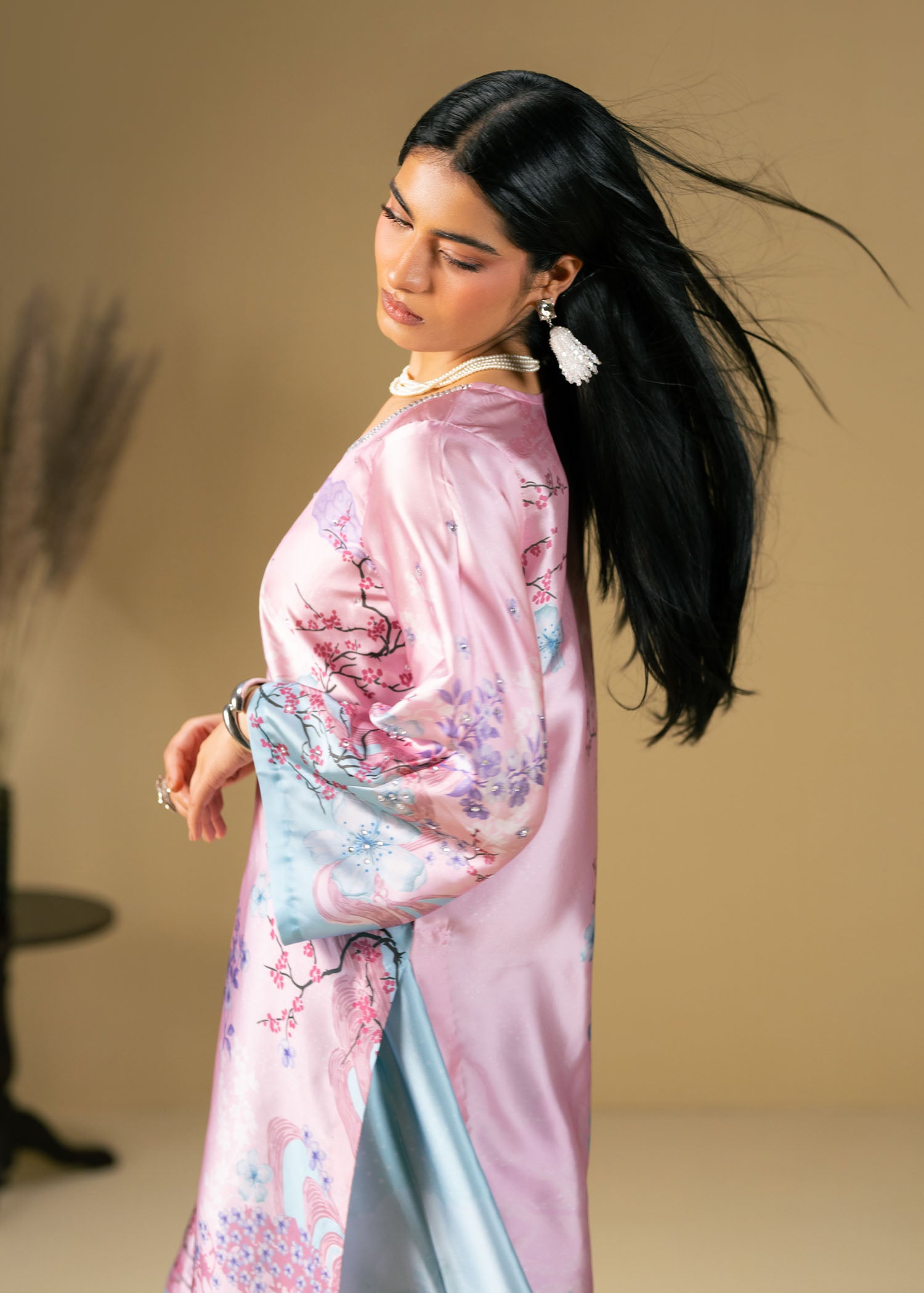 silk charmeuse Kurta Set in Pink