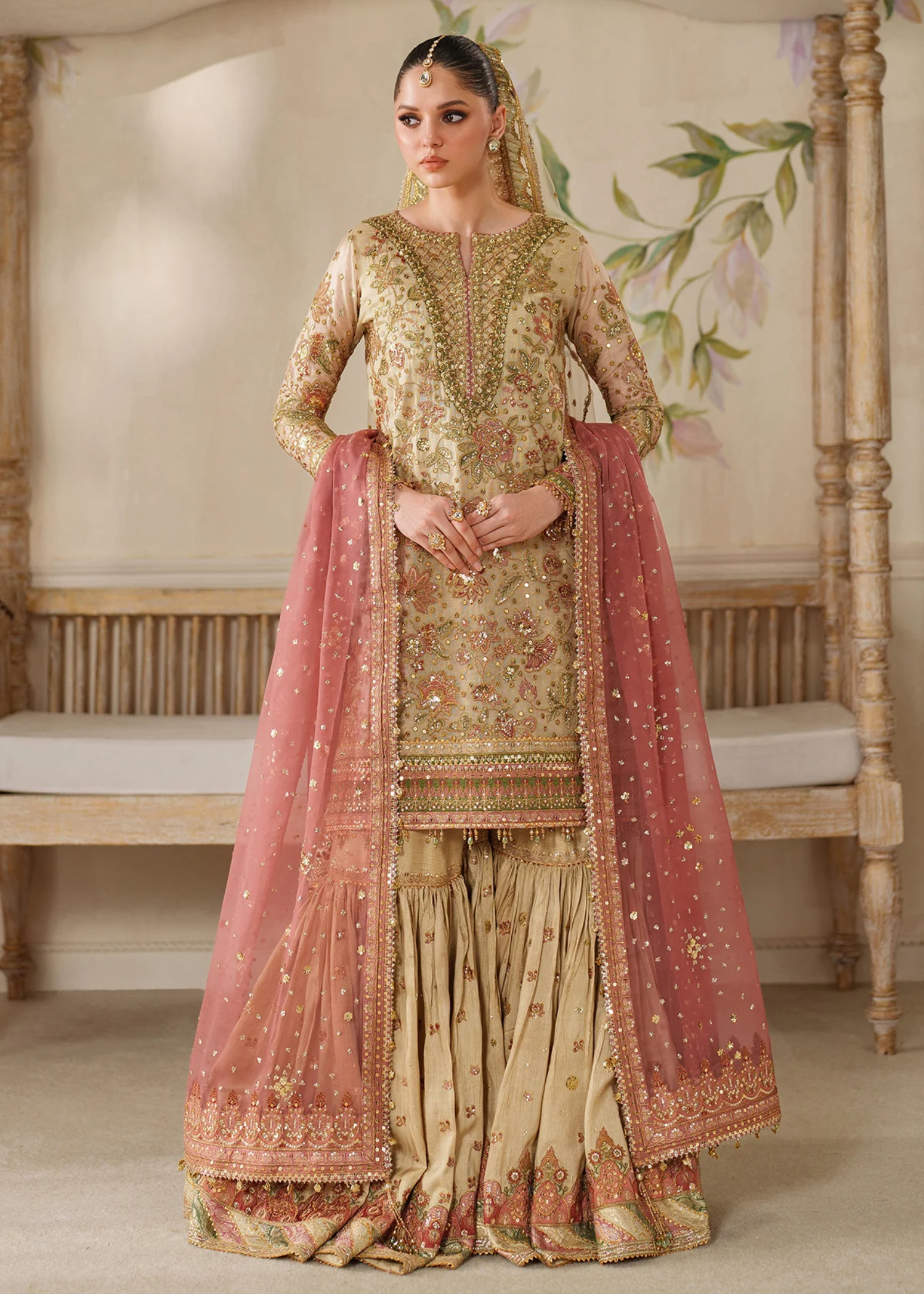 zari net Unstitched in Beige