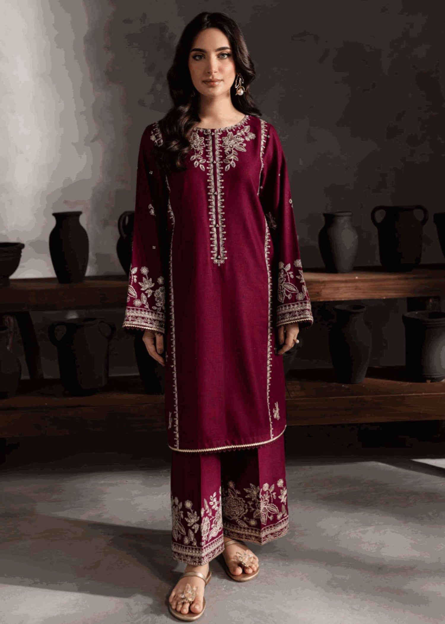 lawn Kurta Set in Maroon
