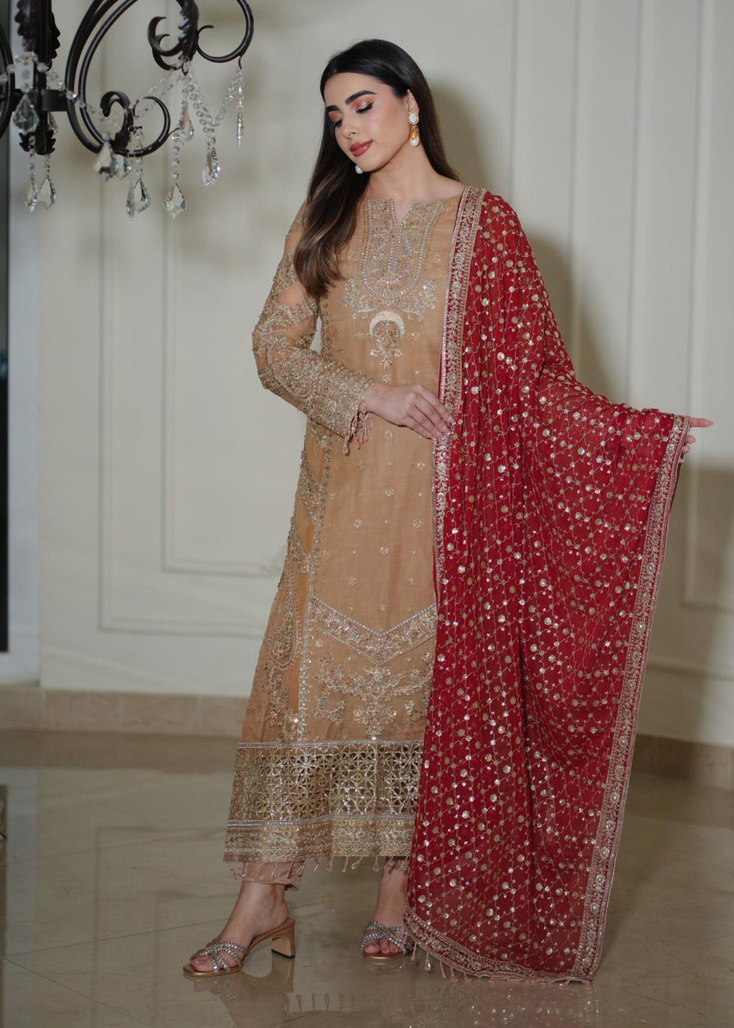 organza Kurta Set in Sand brown, maroon