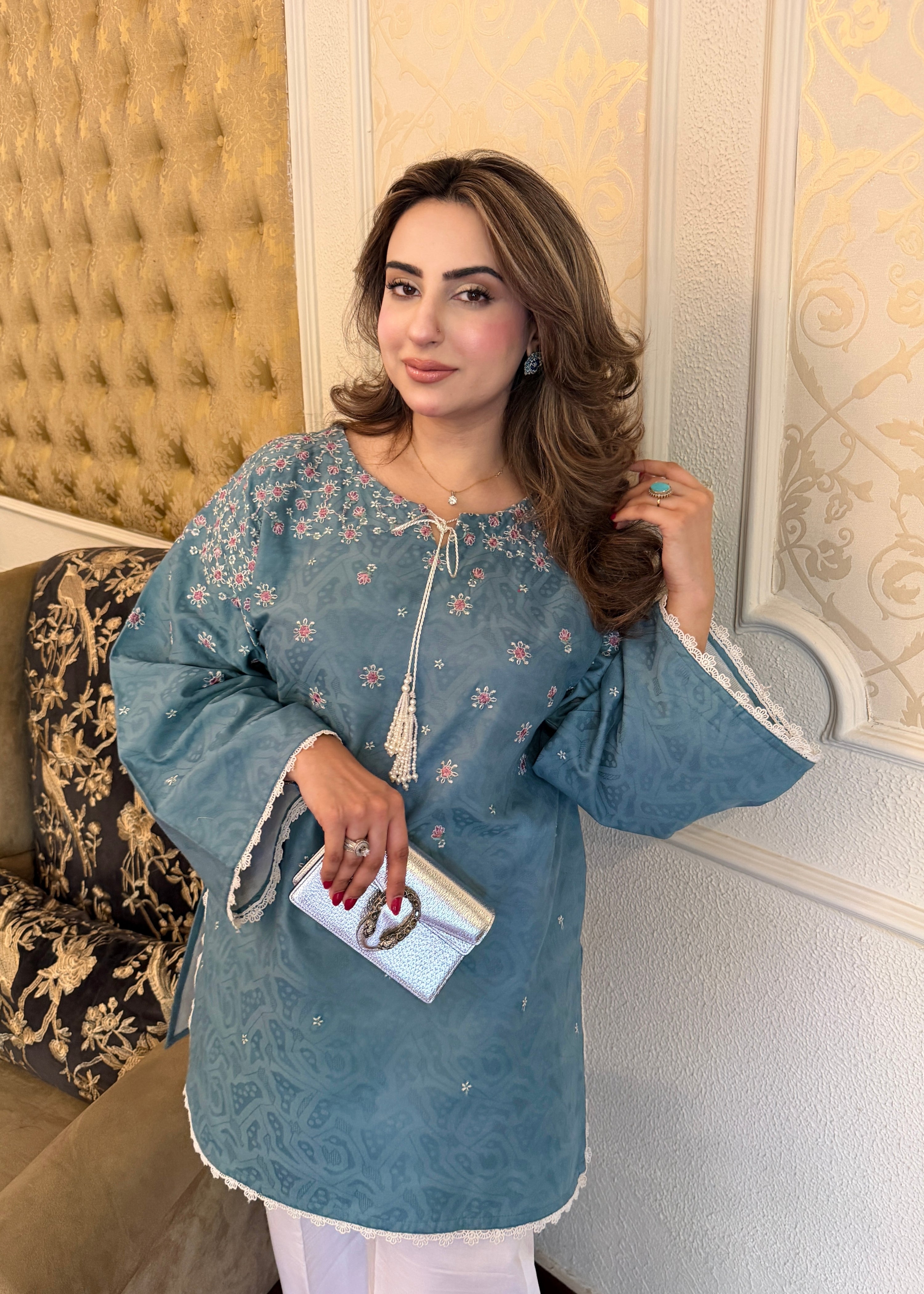 dobby crepe Kurta Set in Aquamarine