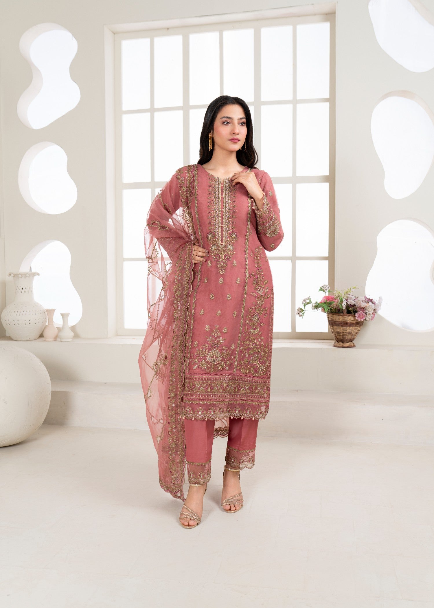 organza Kurta Set in Melon pink