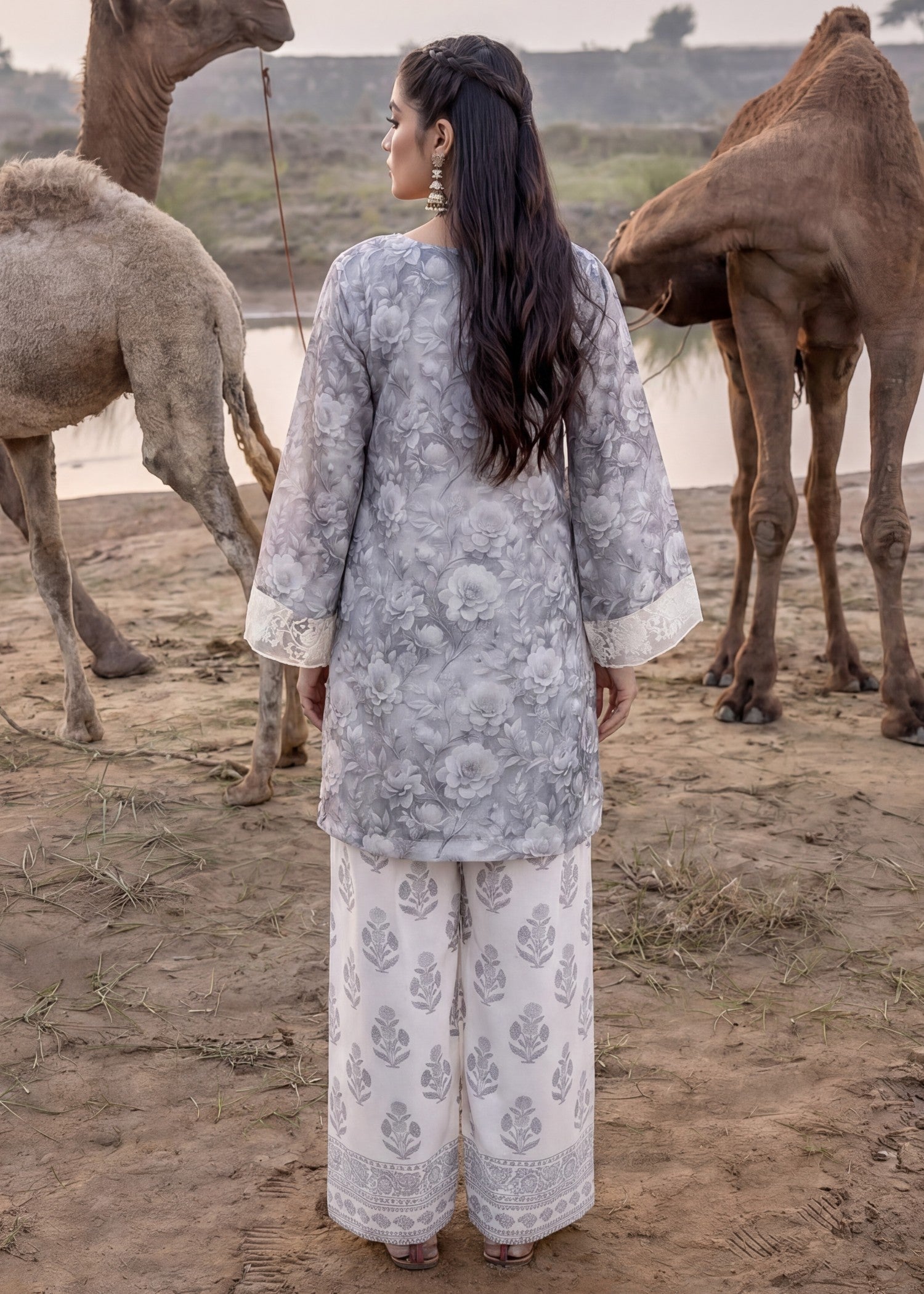 cotton jacquard Kurta Set in Dark grey