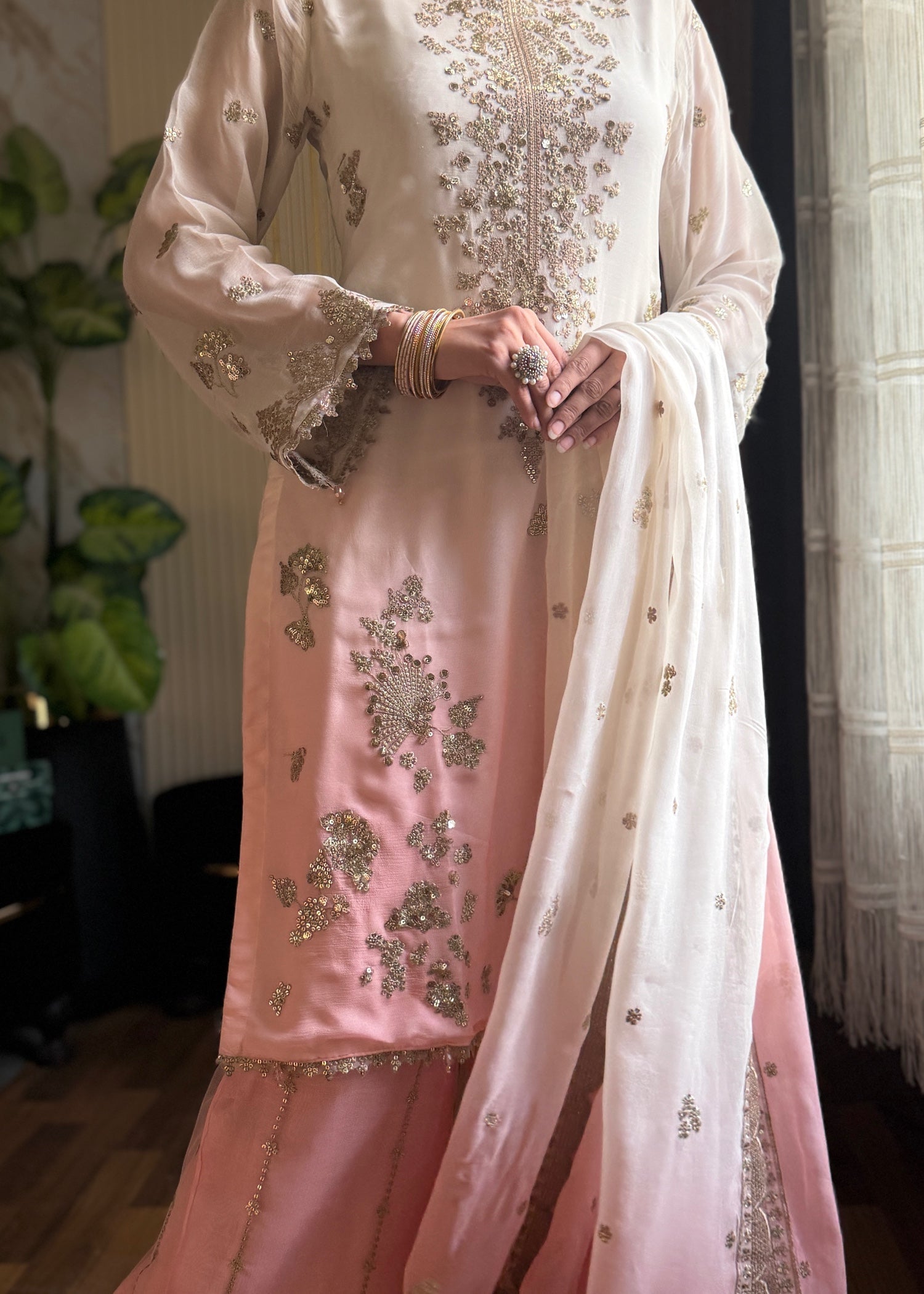 chiffon Kurta Set in Pink, off-white