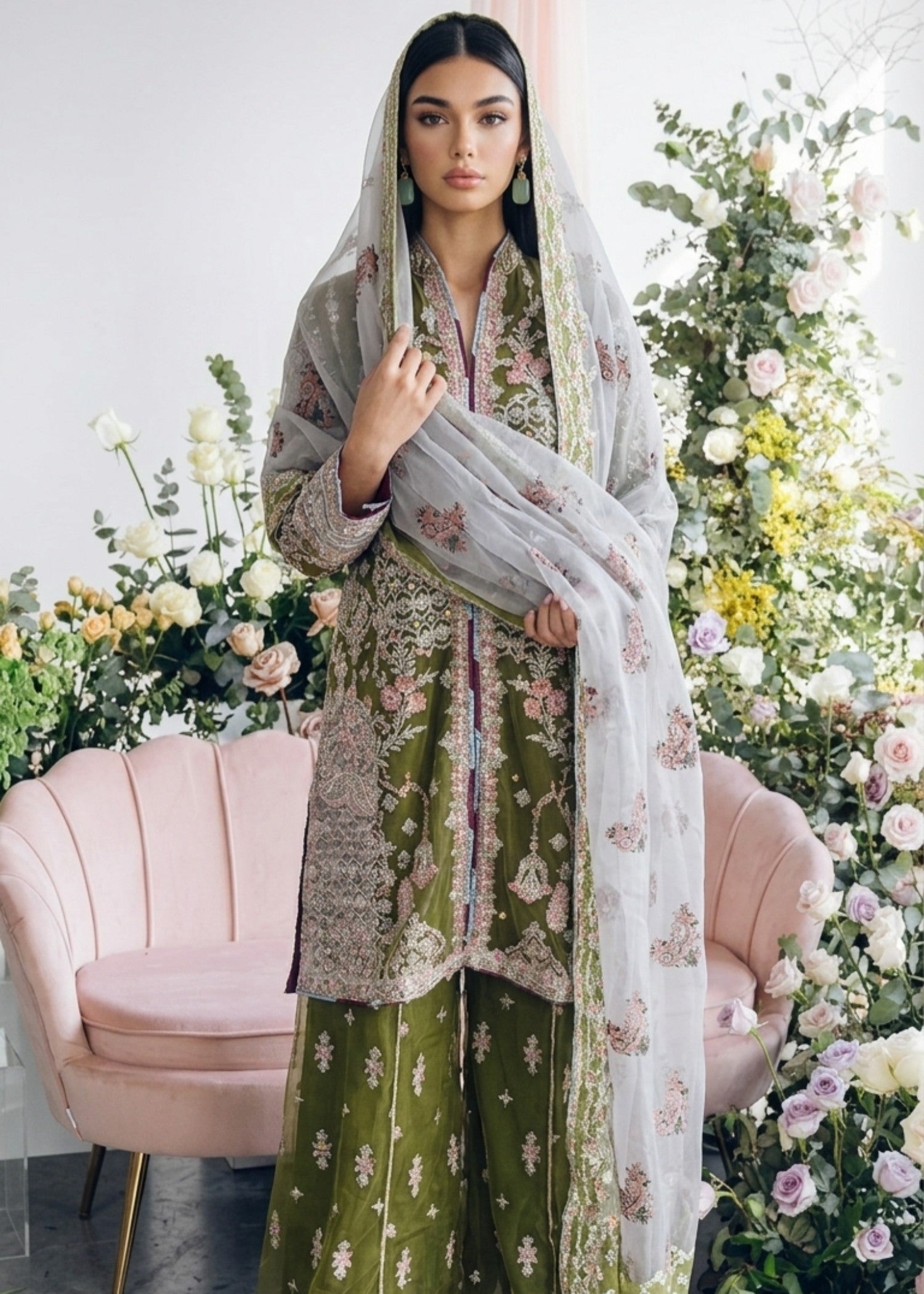 net Sharara in Avocado green