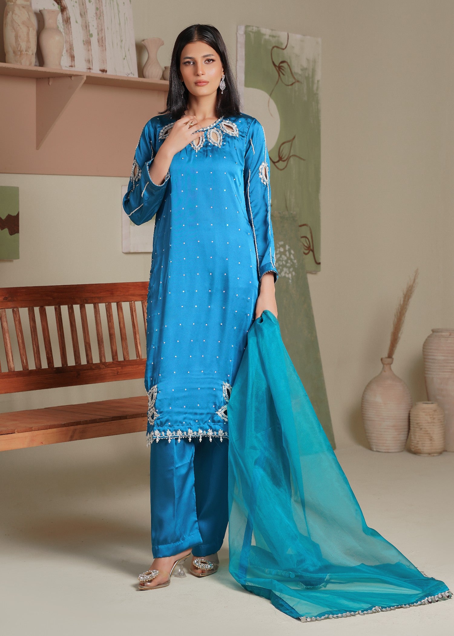 silk Kurta Set in Dodger blue
