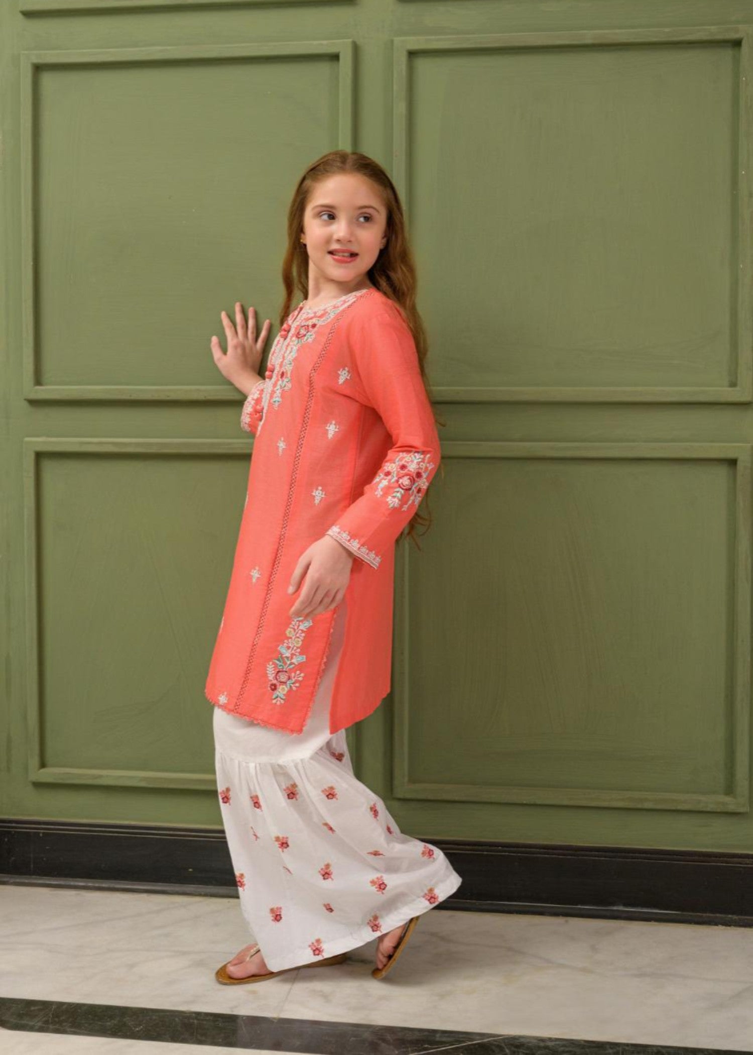 lawn Gharara in Coral pink