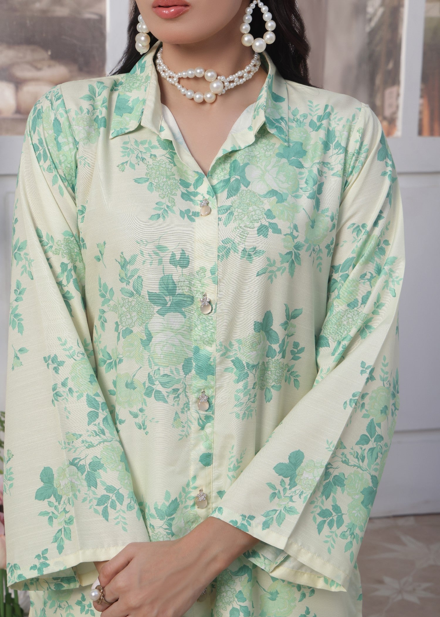 slub lawn Co Ord Sets in Moss green, light yellow