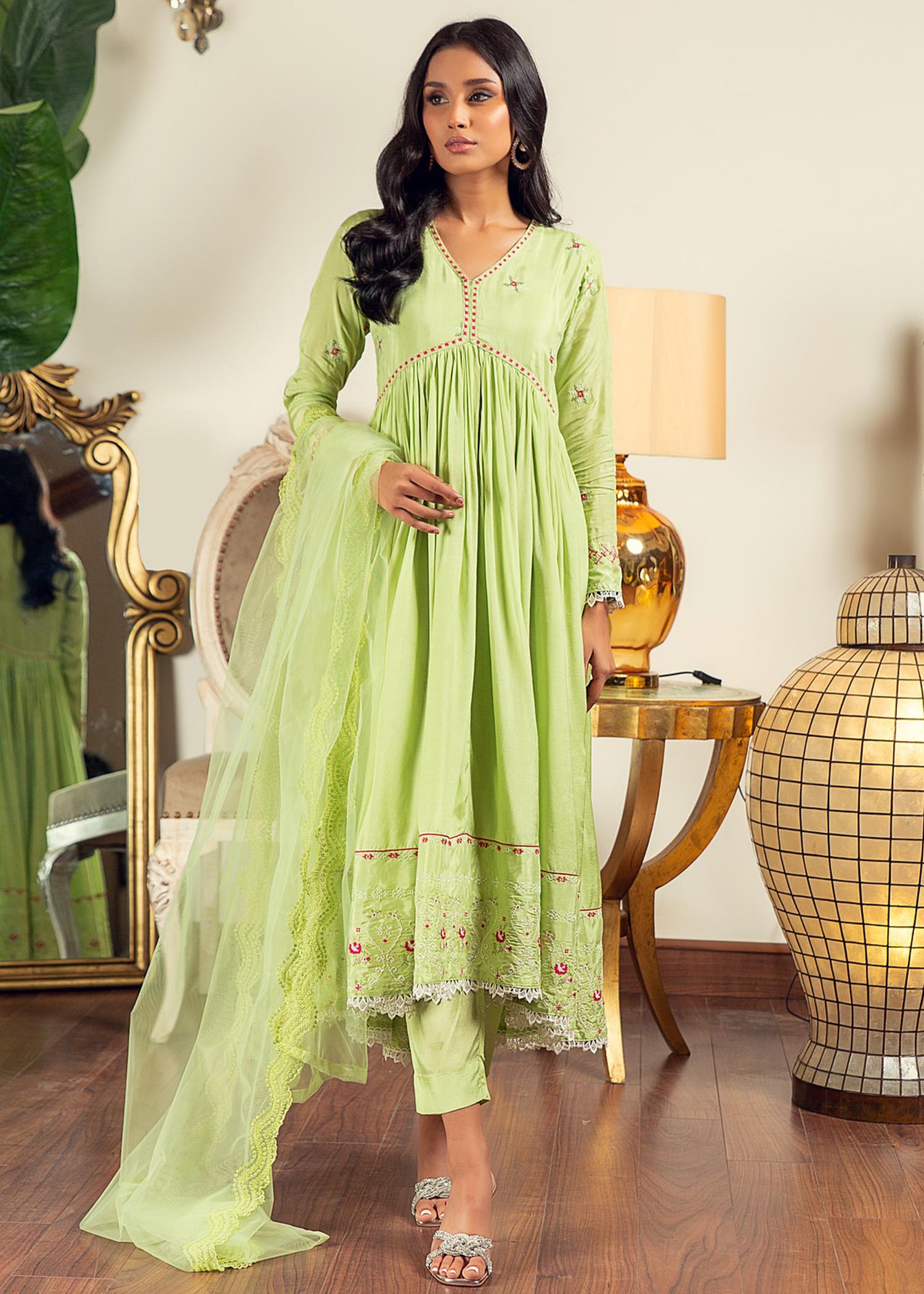 cotton silk Pishwas in Apple green