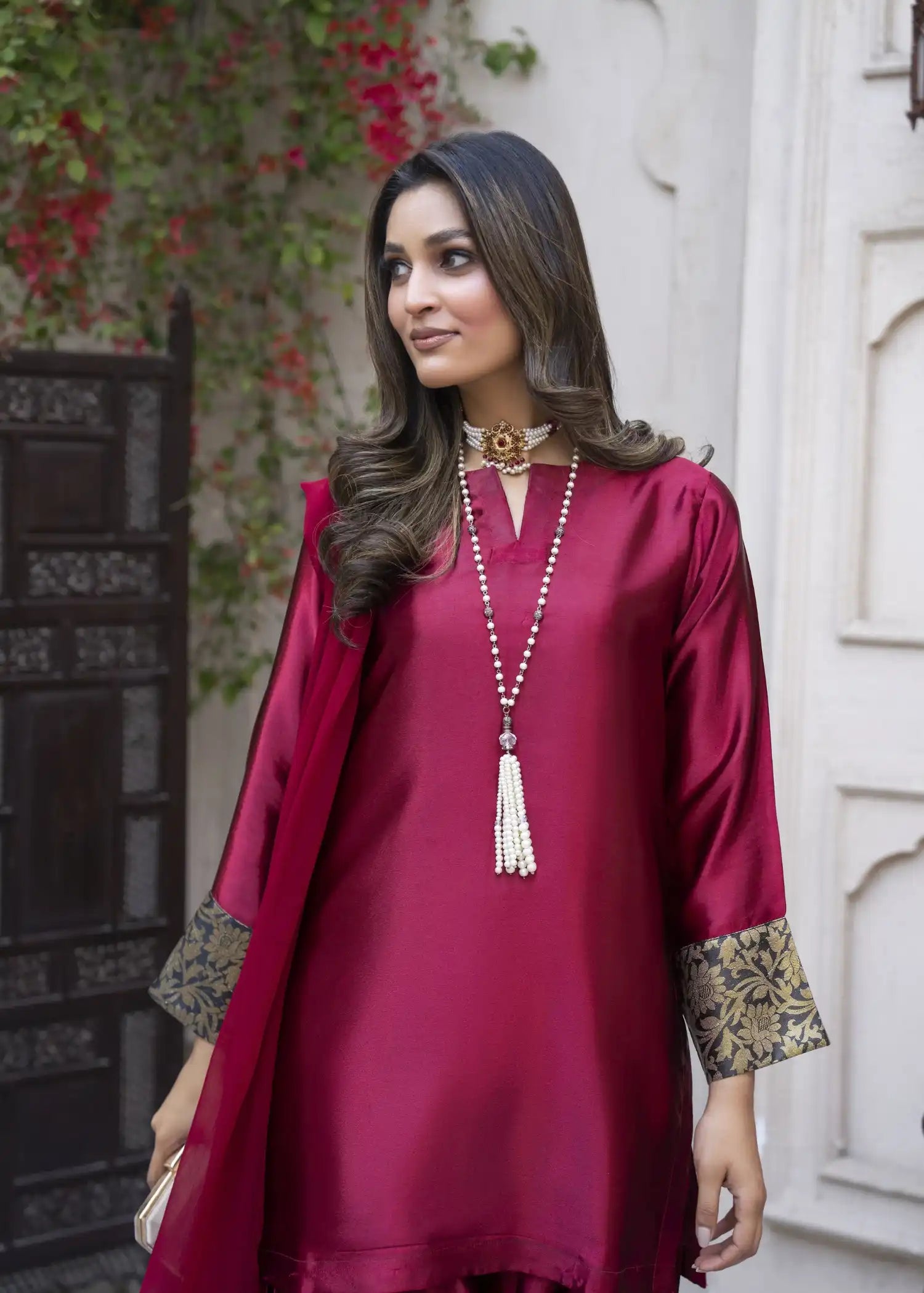 pk charmuse silk Kurta Set in Spicy red