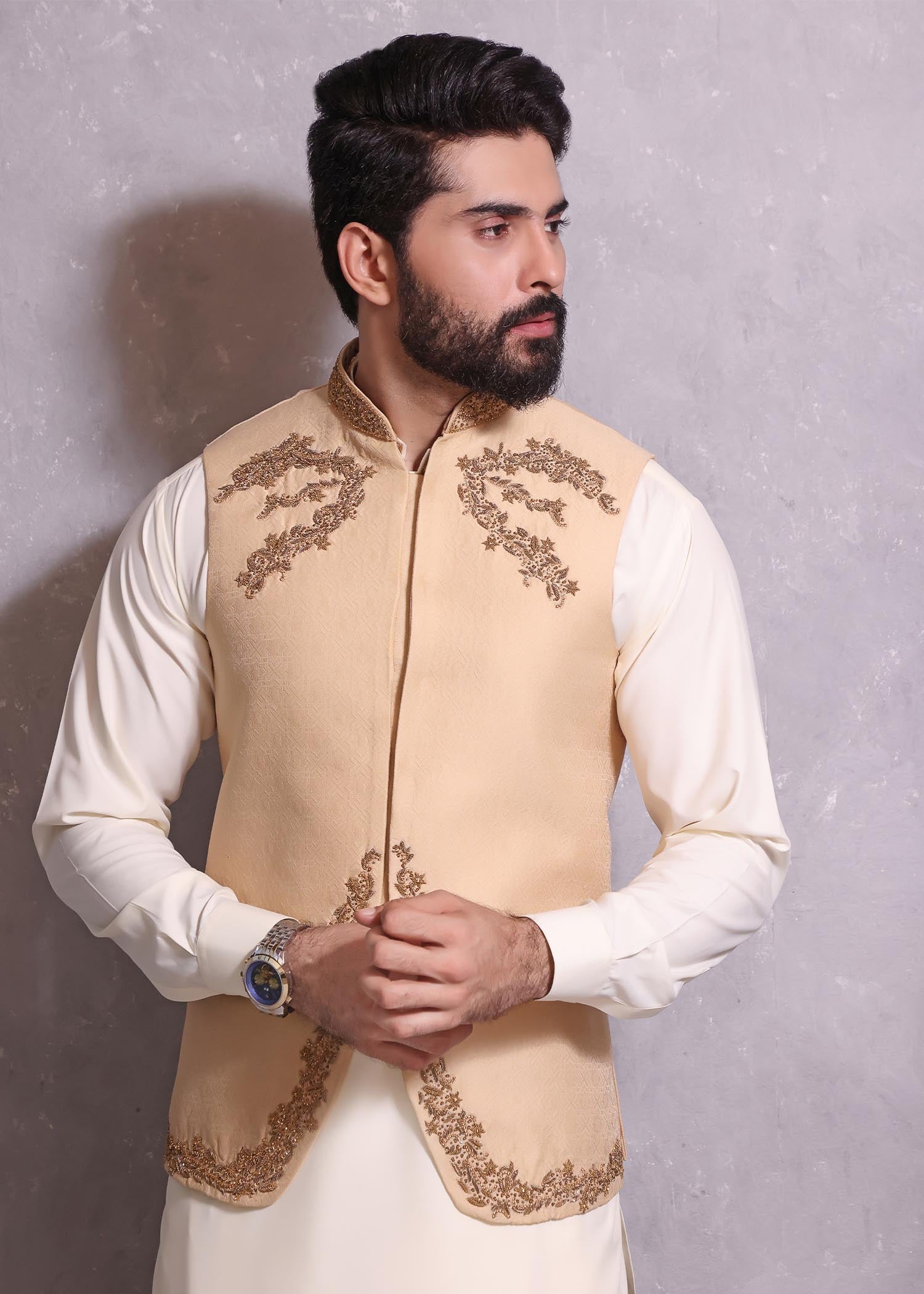 jamawar Waistcoat in Gold