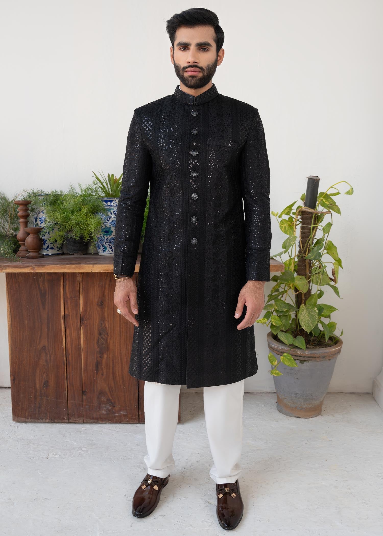 silk Sherwani in Black