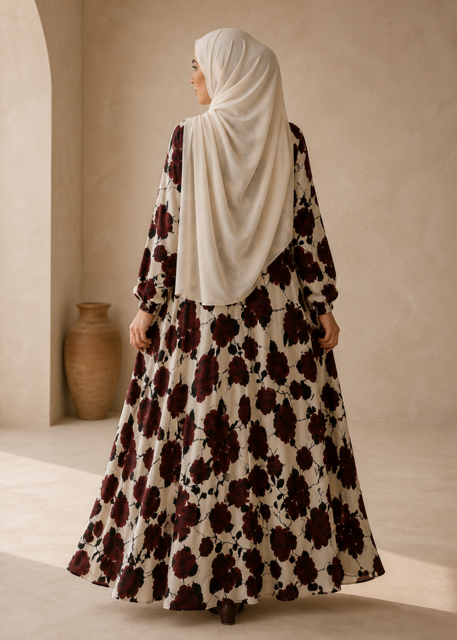 lawn Abaya in Ivory, burgundy