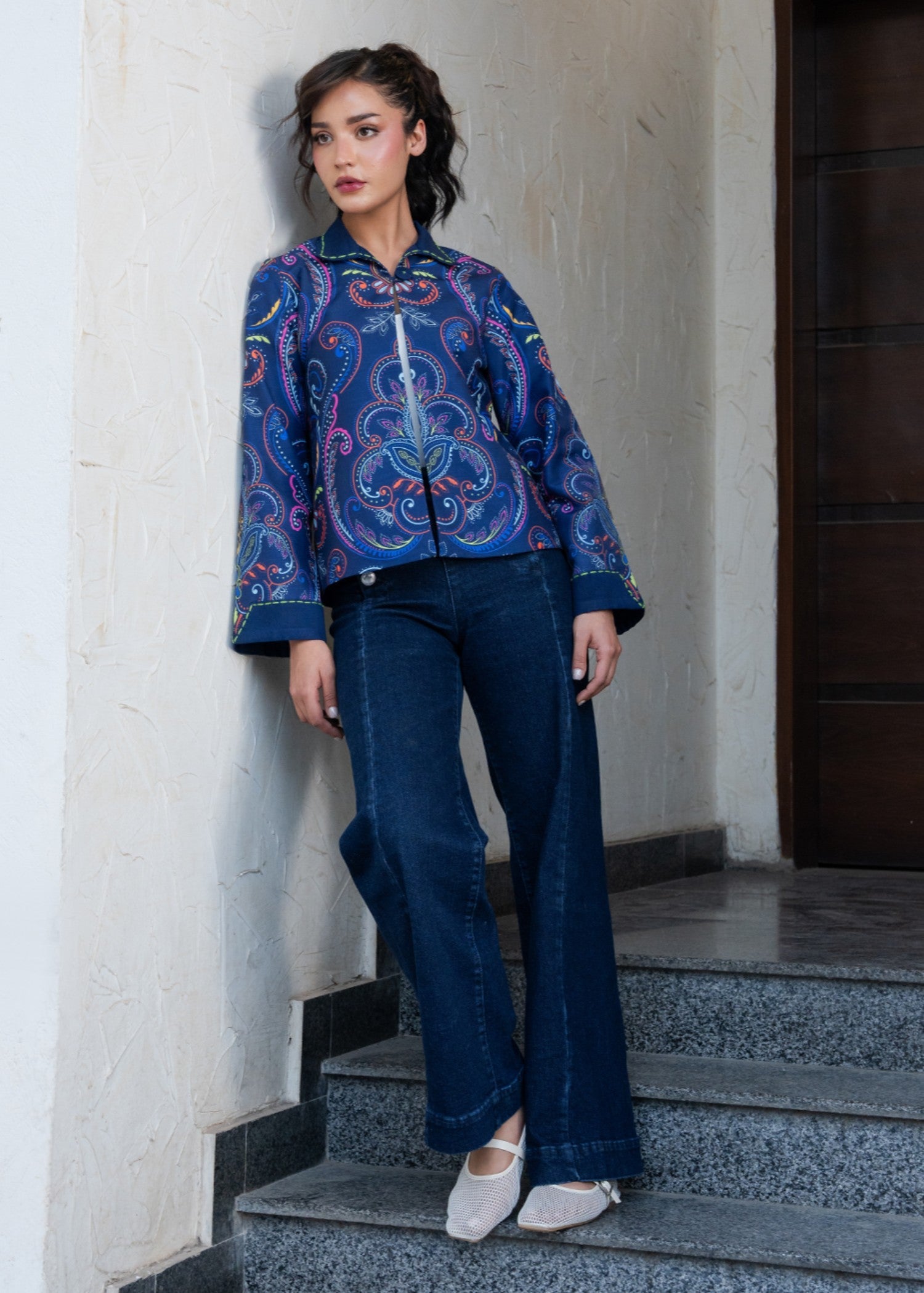 slub khaddar Jacket in Blue