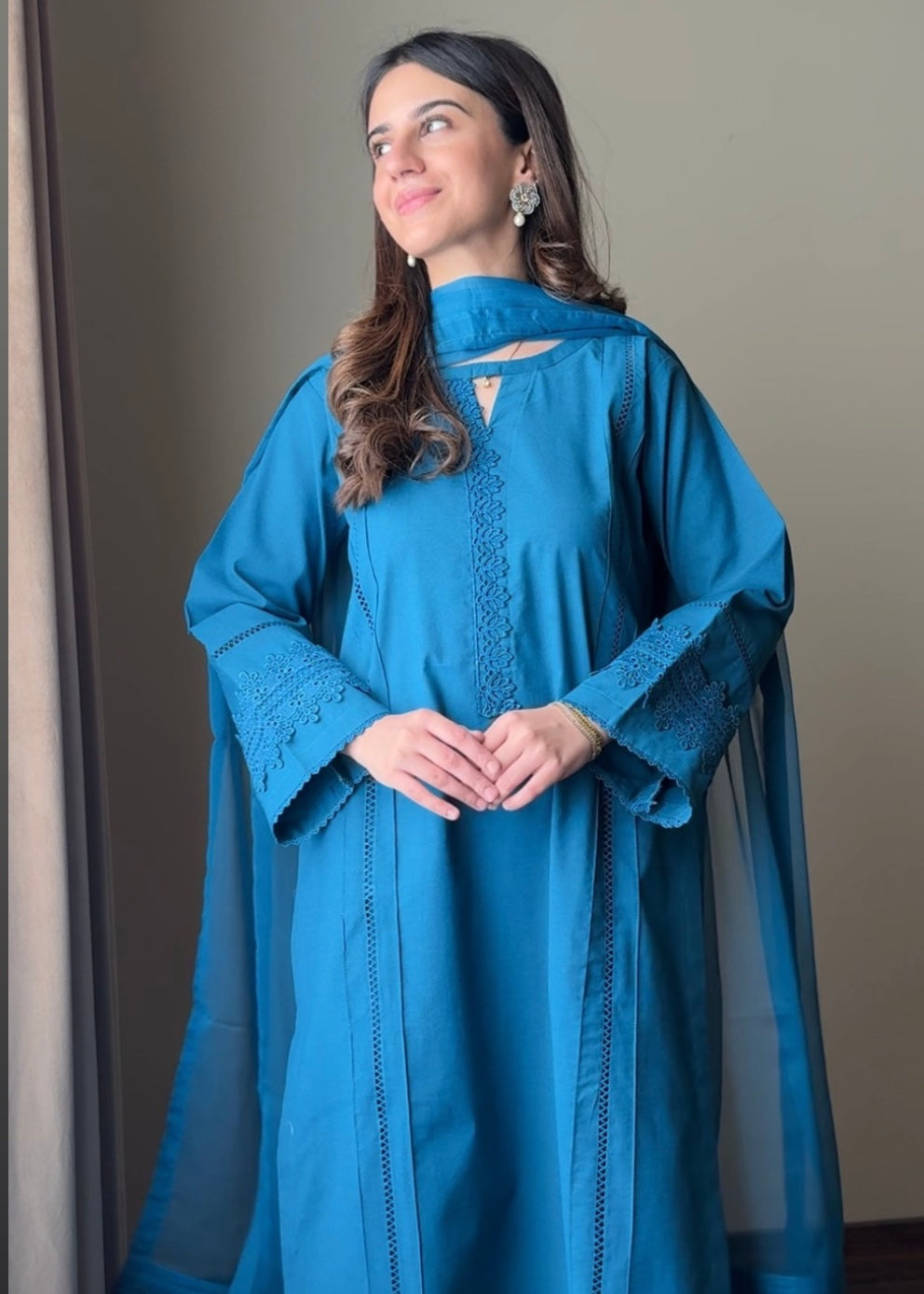 slub cambric Kurta Set in Blue