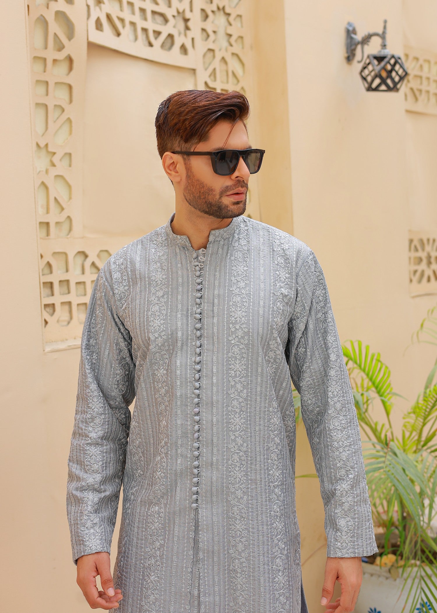 raw silk Kurta Set in Light grey