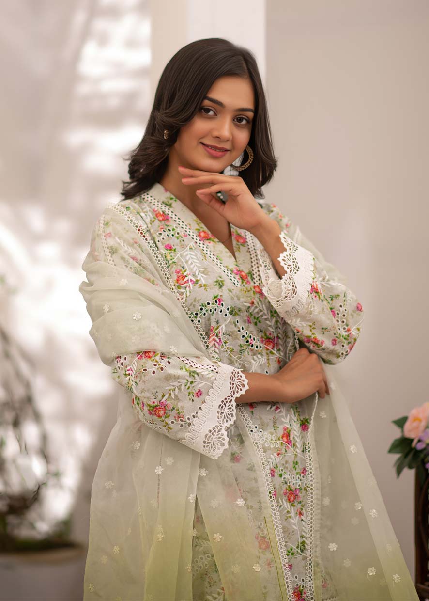 chikankari cotton Kurta Set in Sage green