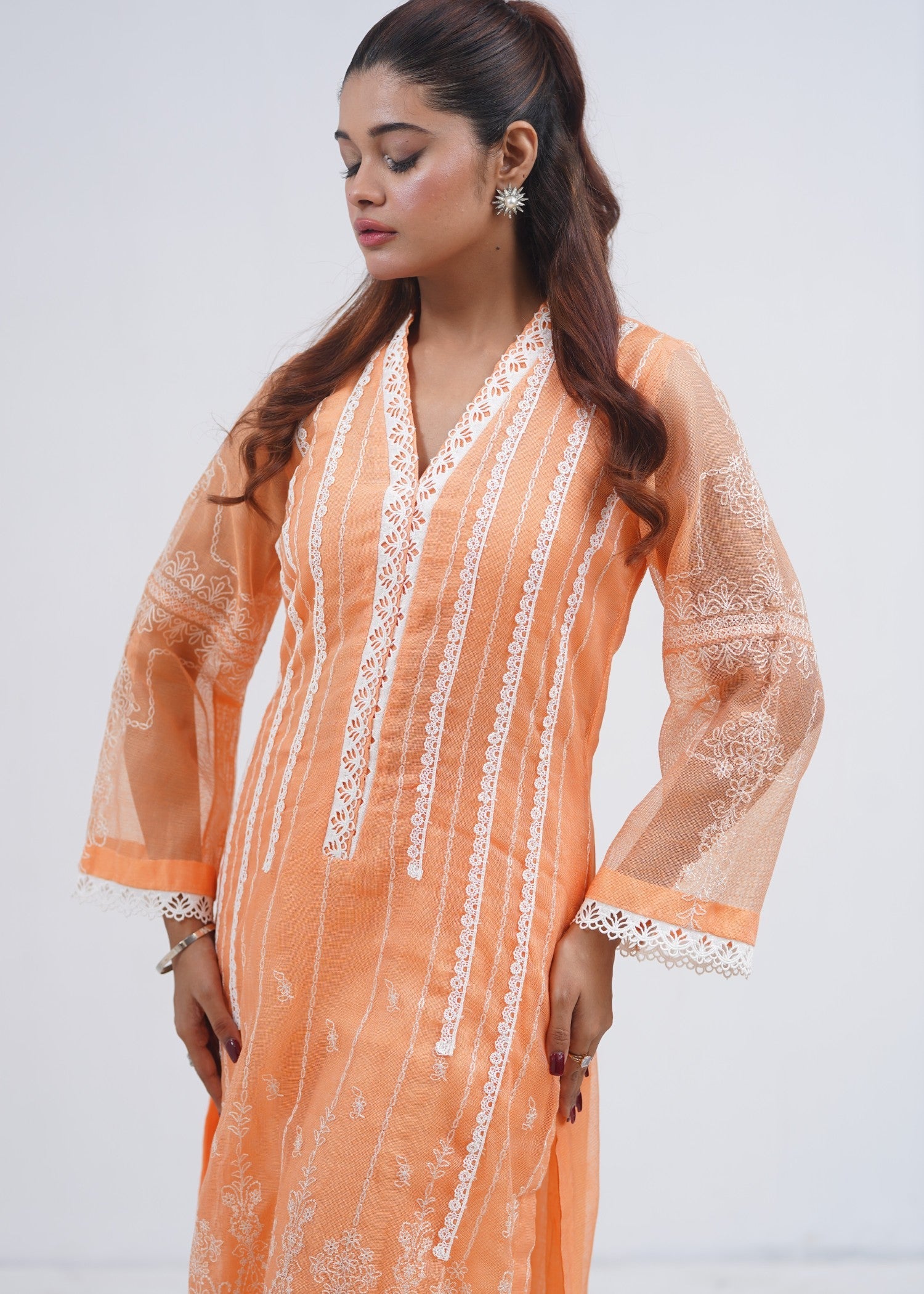 khaddi net Unstitched in Peach pink