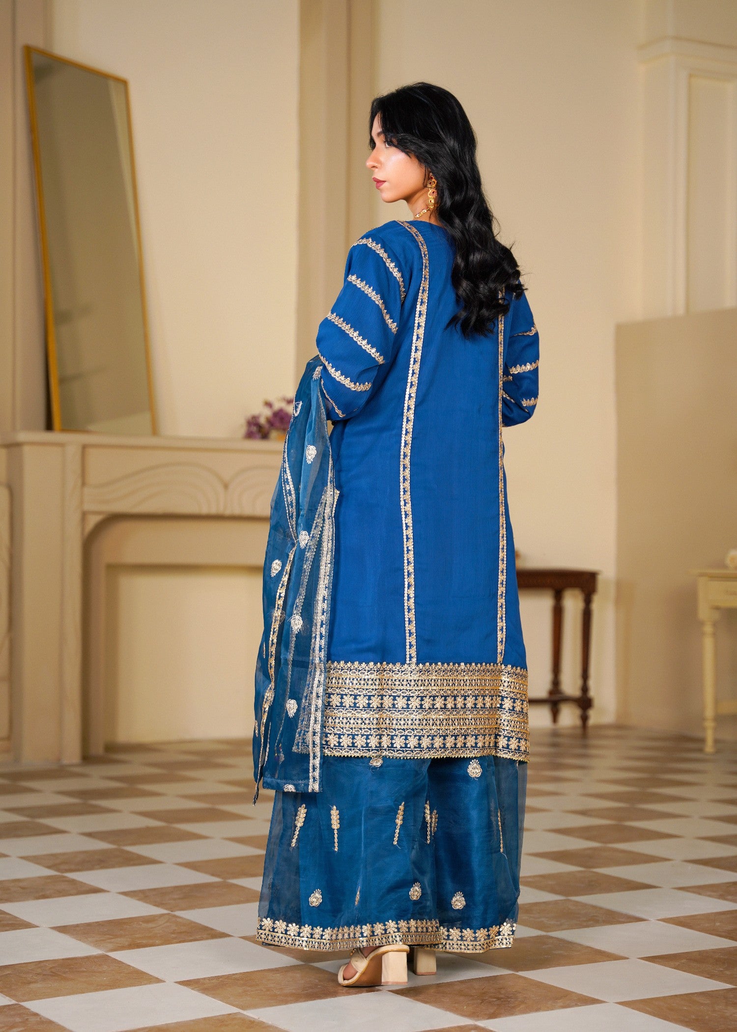 chiffon Kurta Set in Royal blue, gold