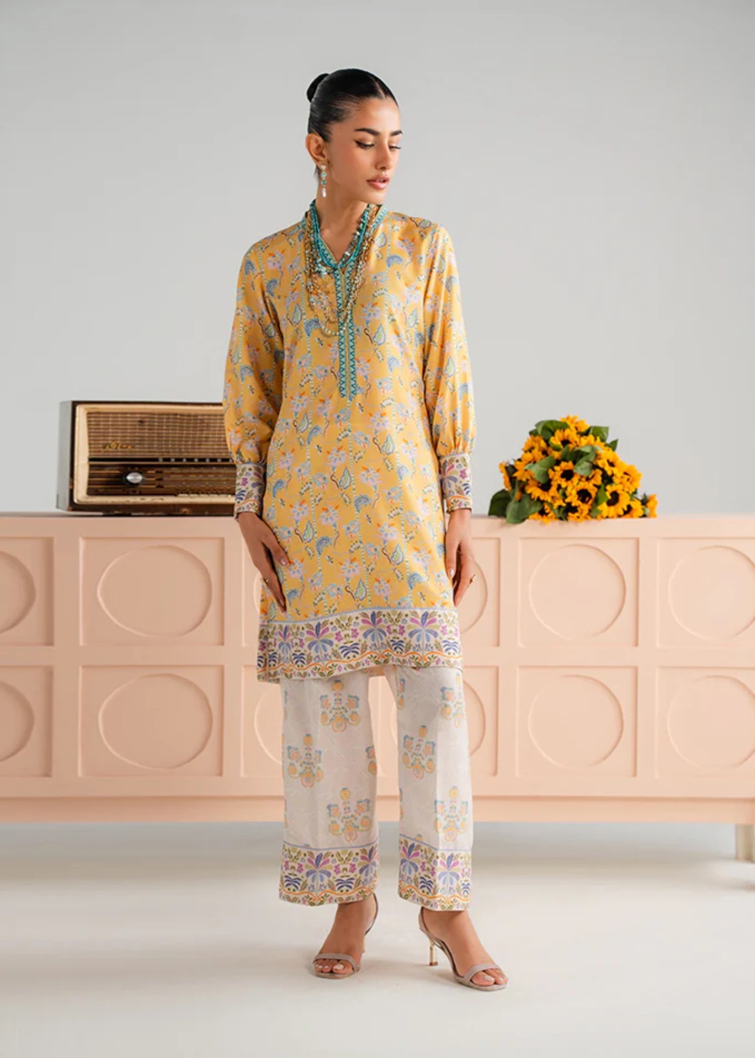 poly lawn Kurta Set in Mellow yellow