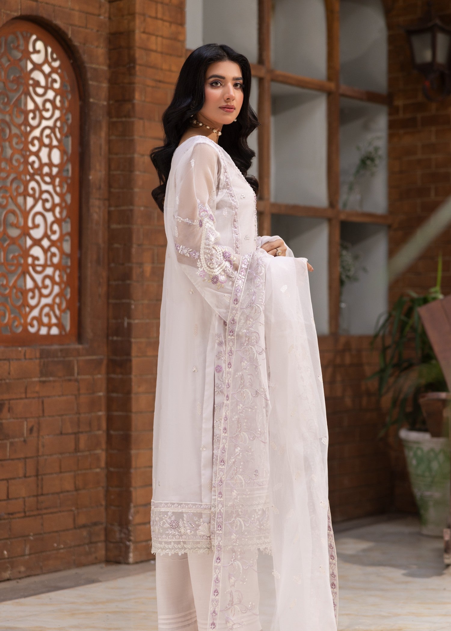 organza Kurta Set in White, purple ash