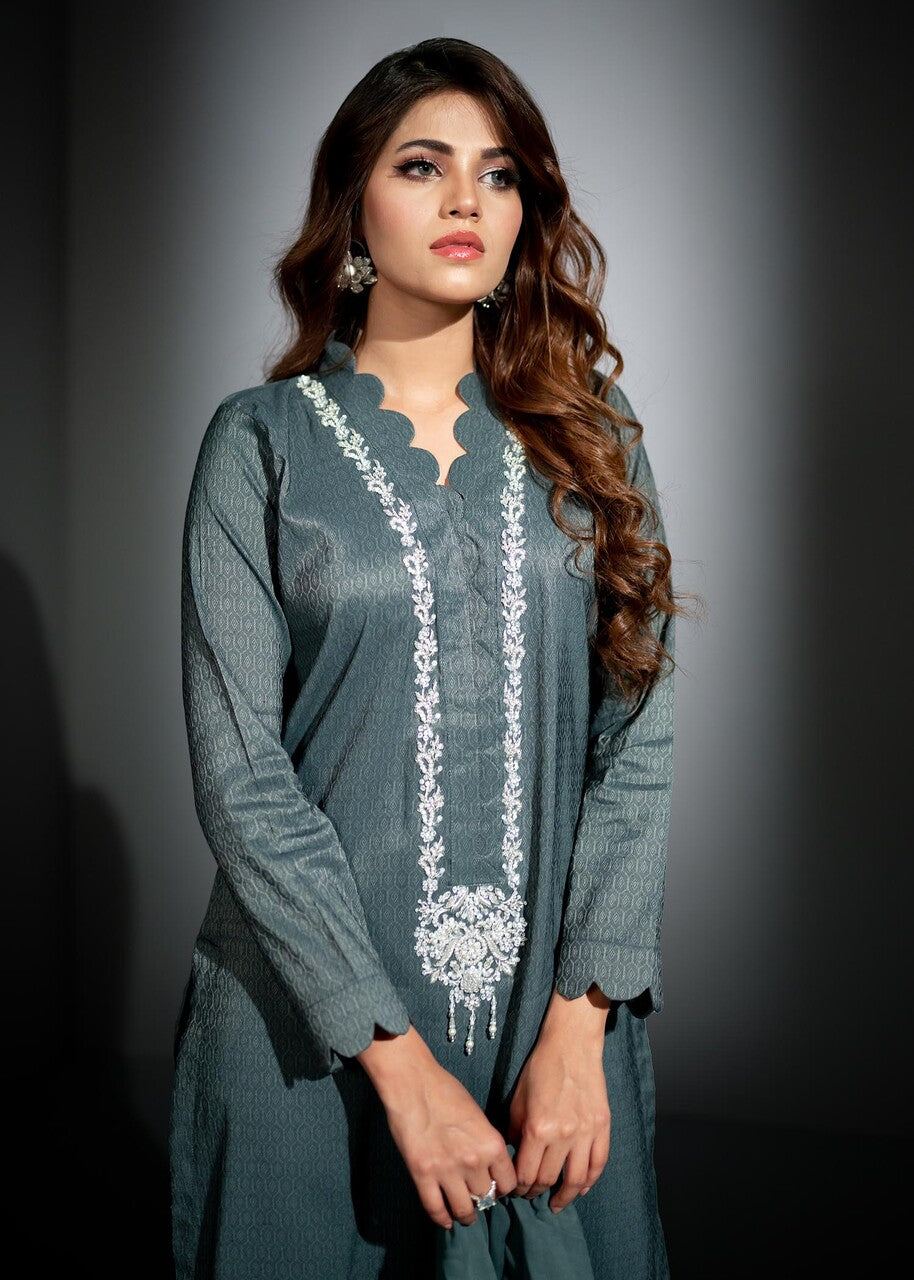 jacquard Kurta Set in Grey