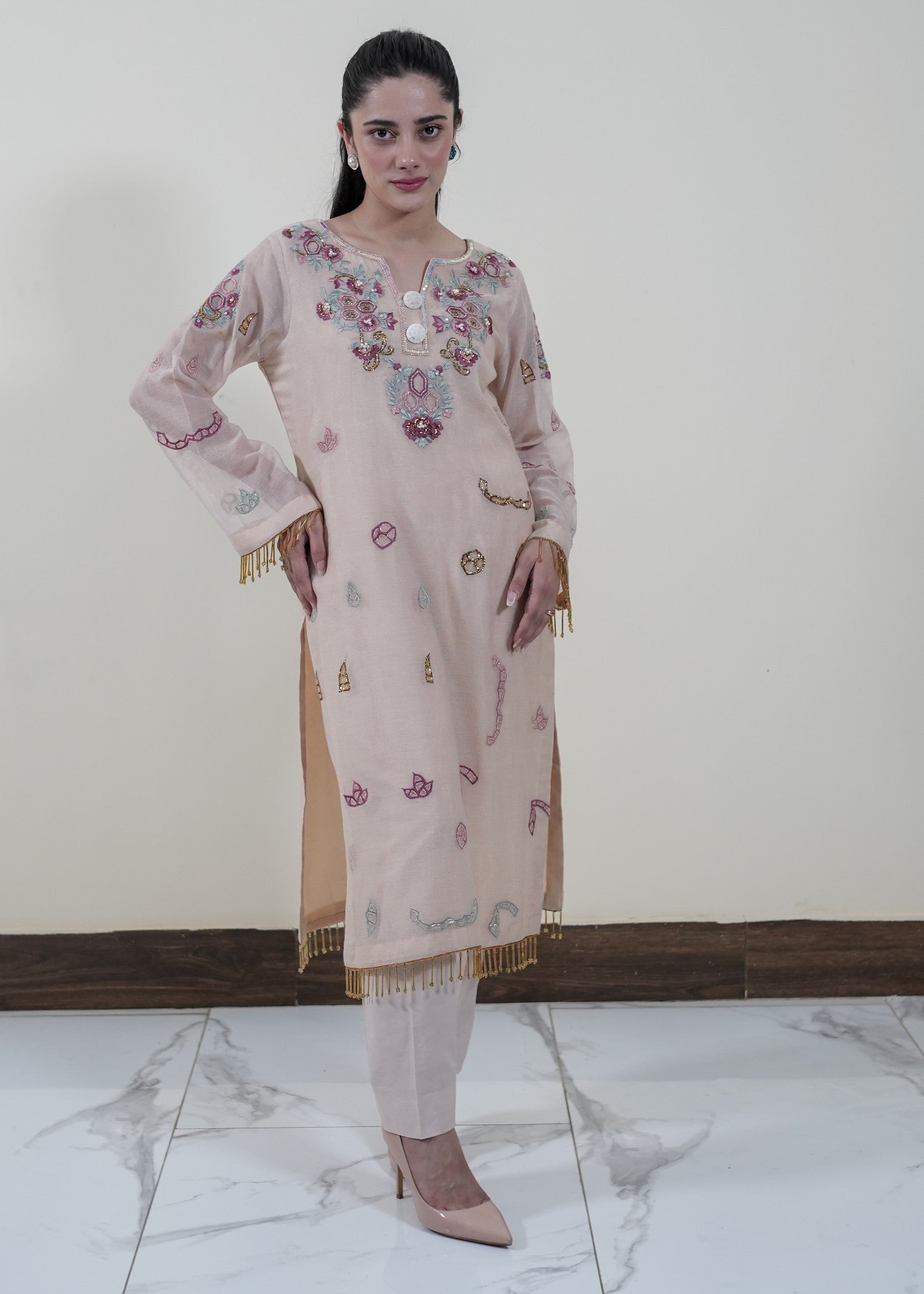 cotton net Kurta Set in Beige