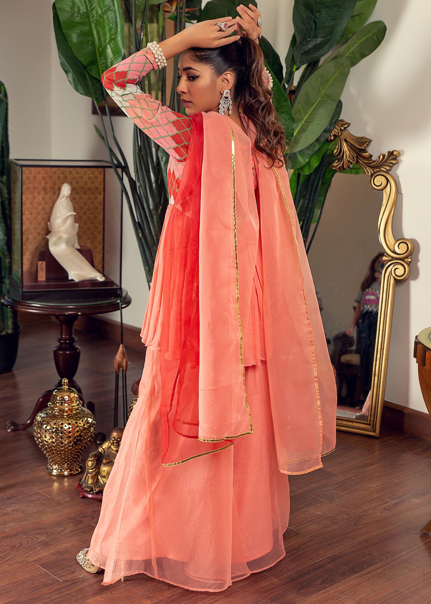chiffon Short Frock in Coral pink