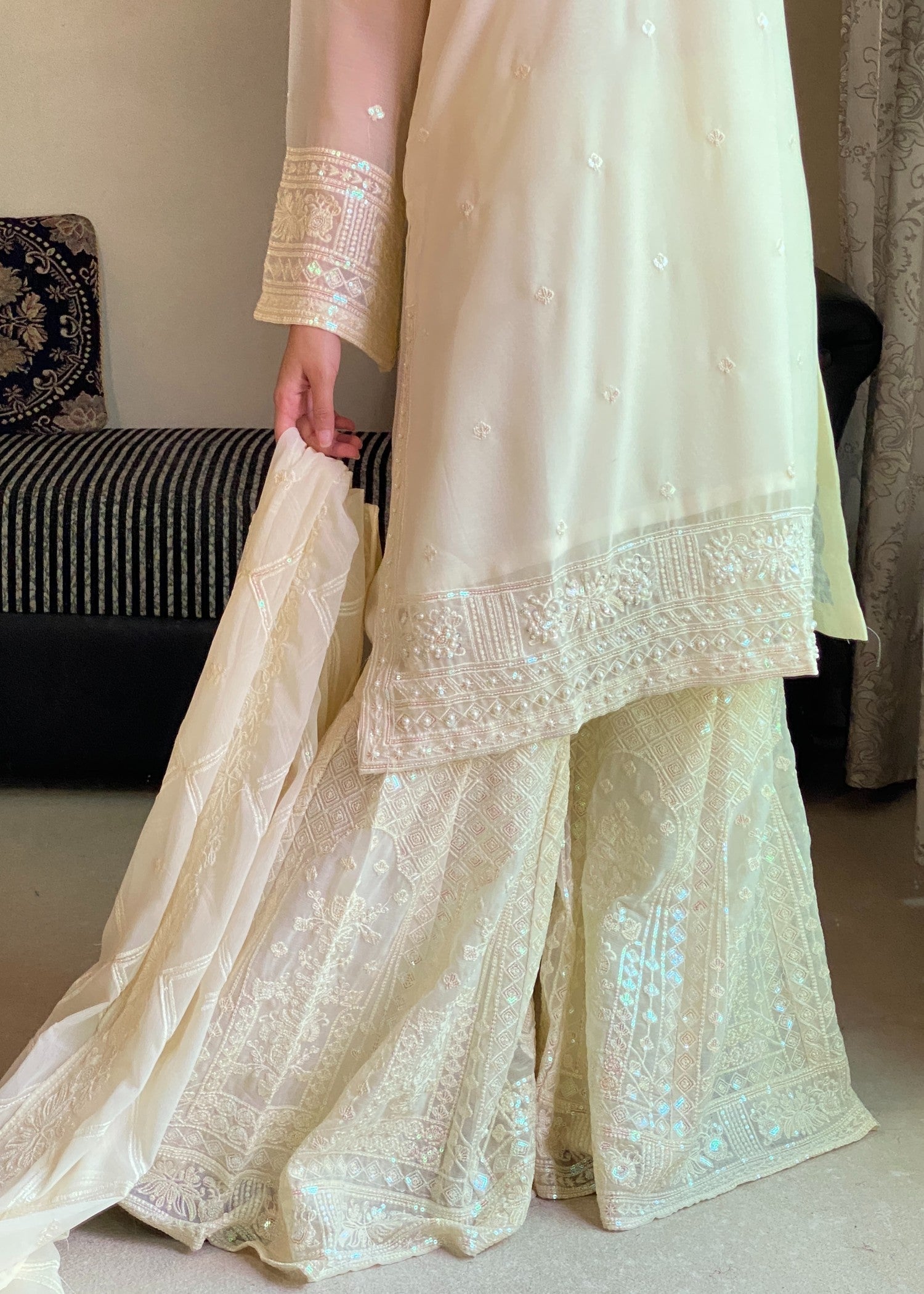 chiffon Gharara in Cream