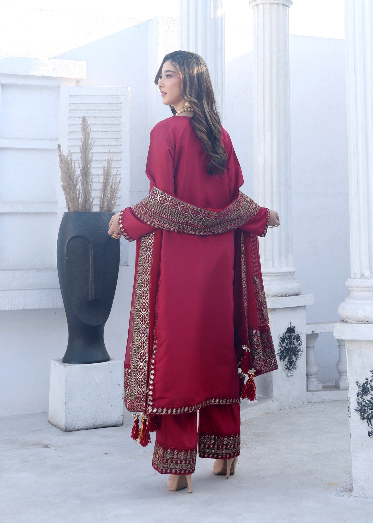 polyester-silk blend Kurta Set in Maroon