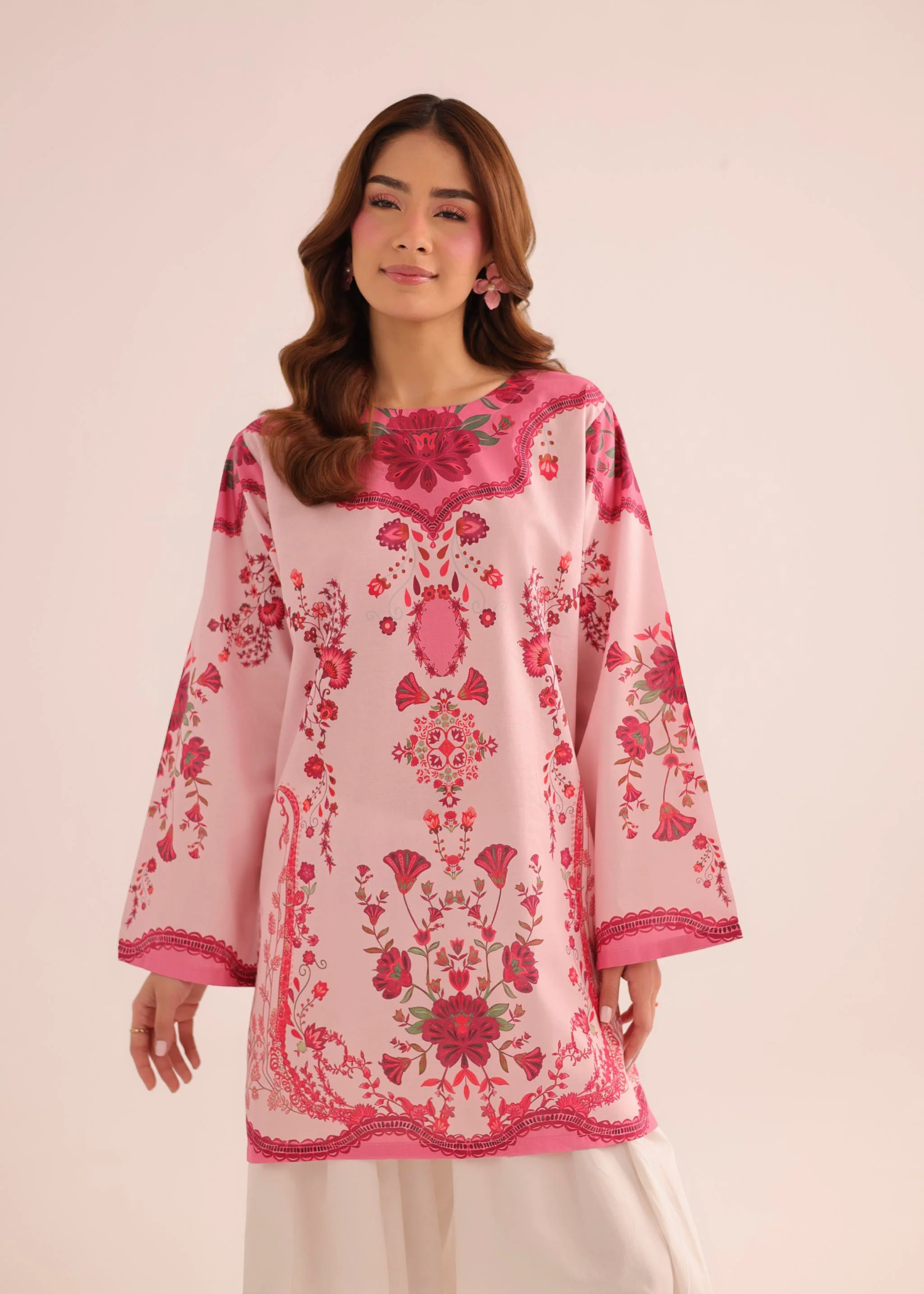 poly lawn Kurti in Raspberry pink