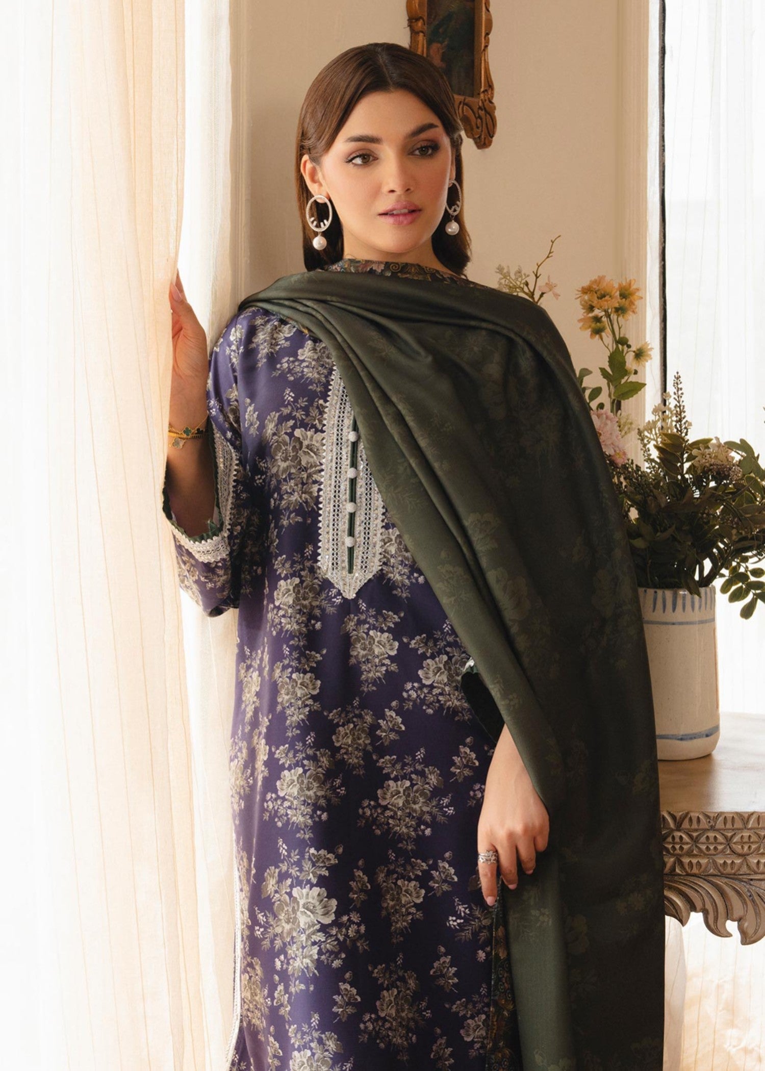twill khaddar Kurta Set in Avocado green, deep purple