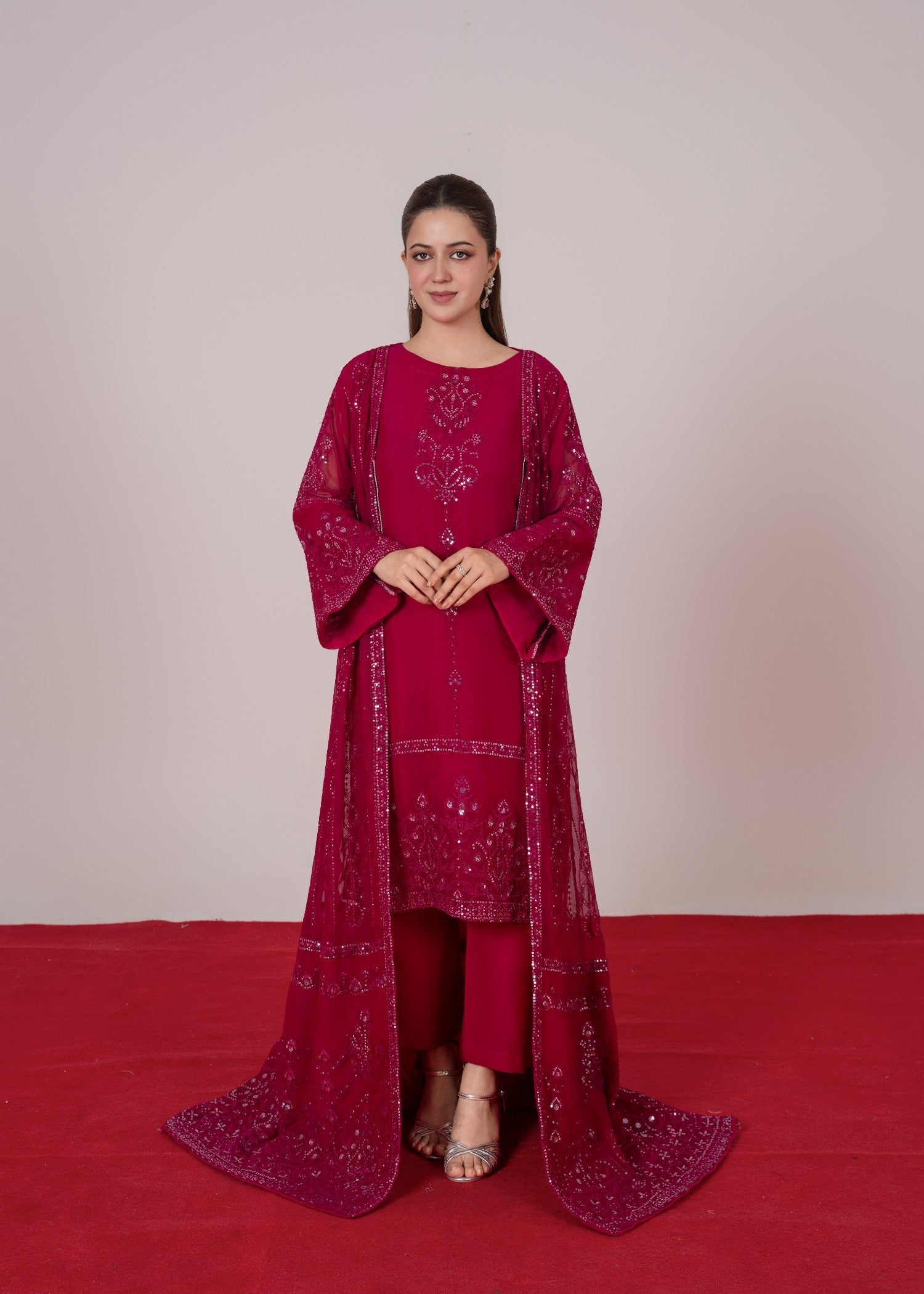 chiffon Gown in Hot pink red