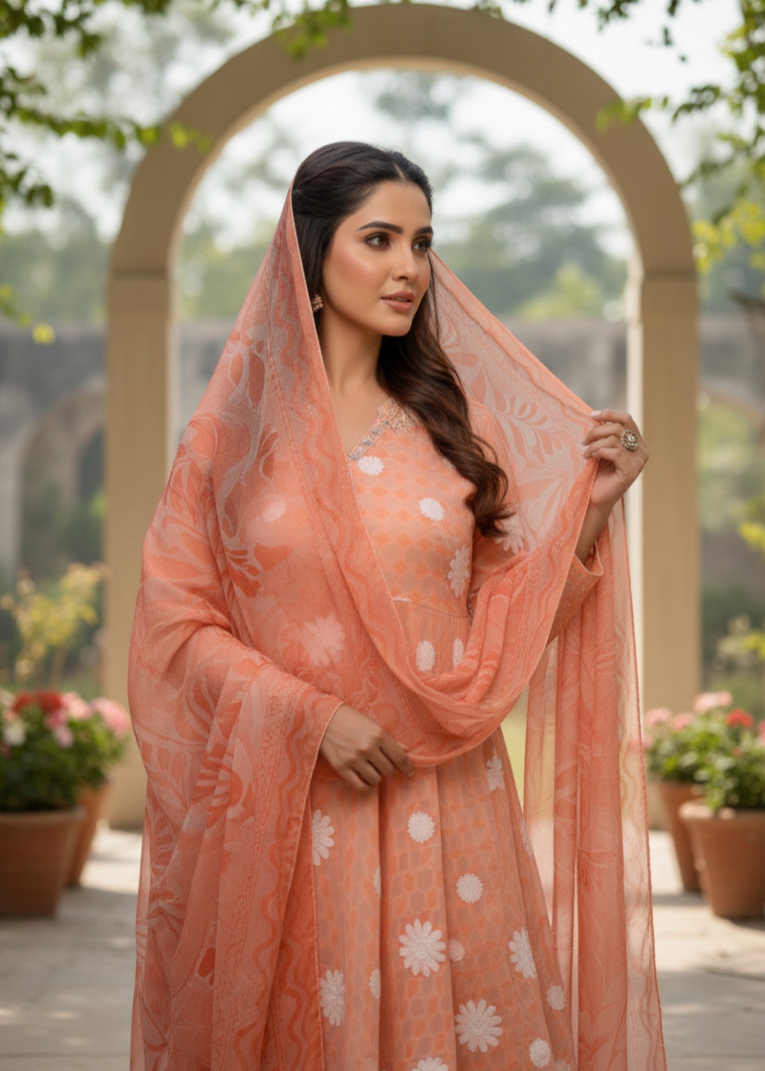 organza silk Short Frock in Peach orange