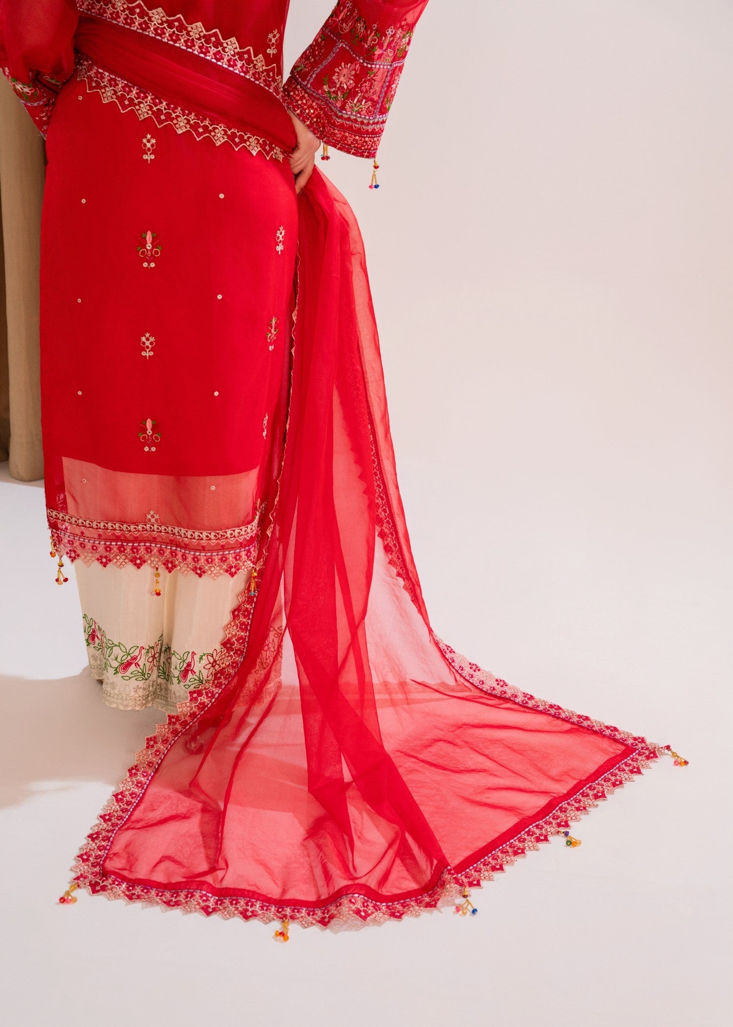 organza Kurta Set in Red, off-white