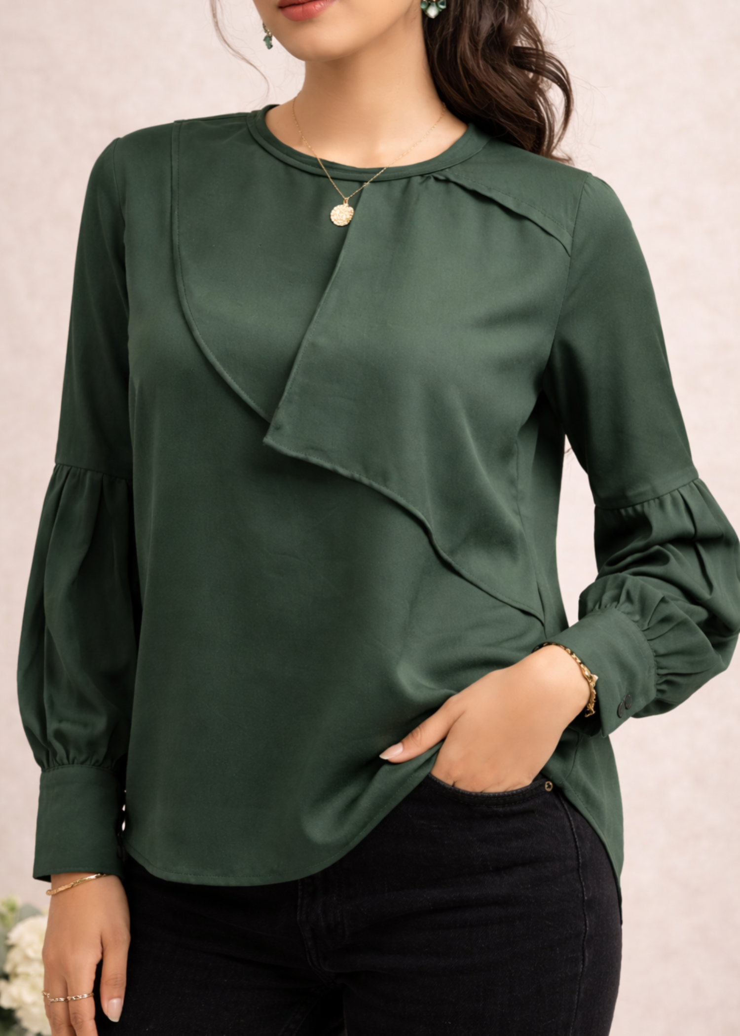 satin polyester Top in Bottle green
