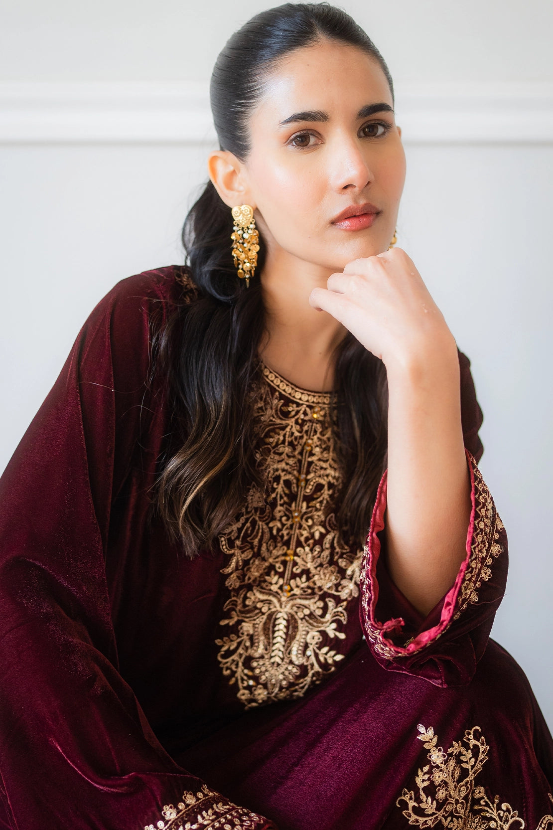 pashmina velvet Kurta Set in Cherry red
