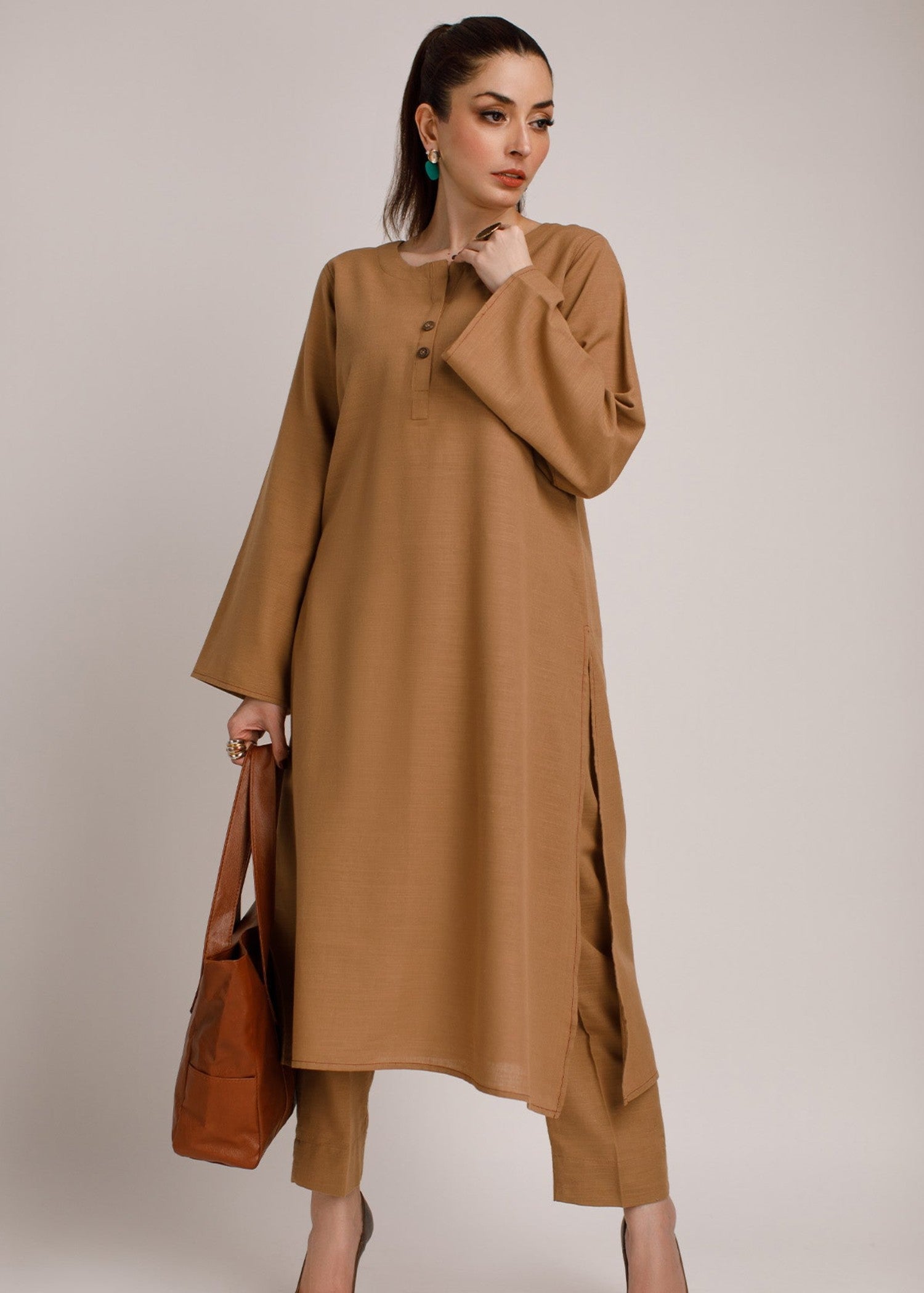khaddar Kurta Set in Earth brown