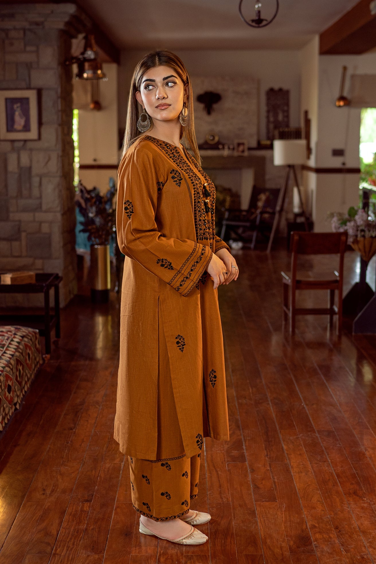 slub khaddar Kurta Set in Yellow ochre