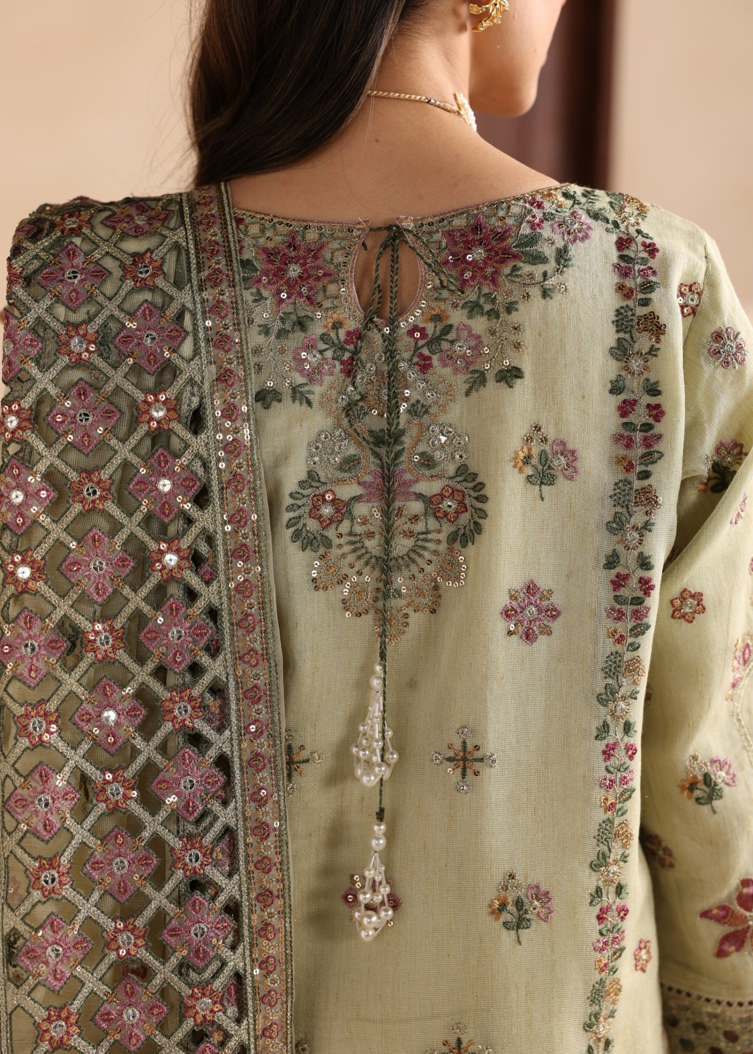 khaddi net Kurta Set in Pistachio green
