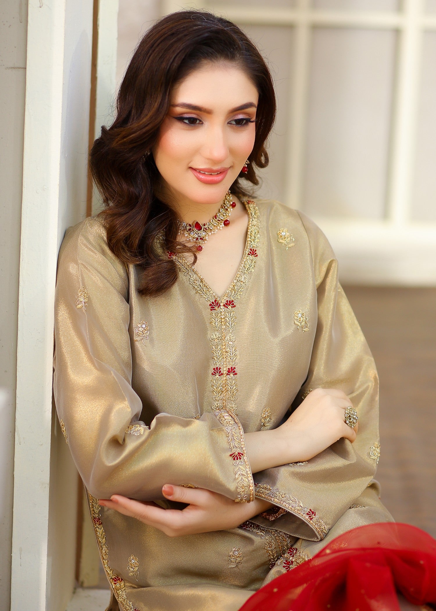silk tissue Kurta Set in Mari gold