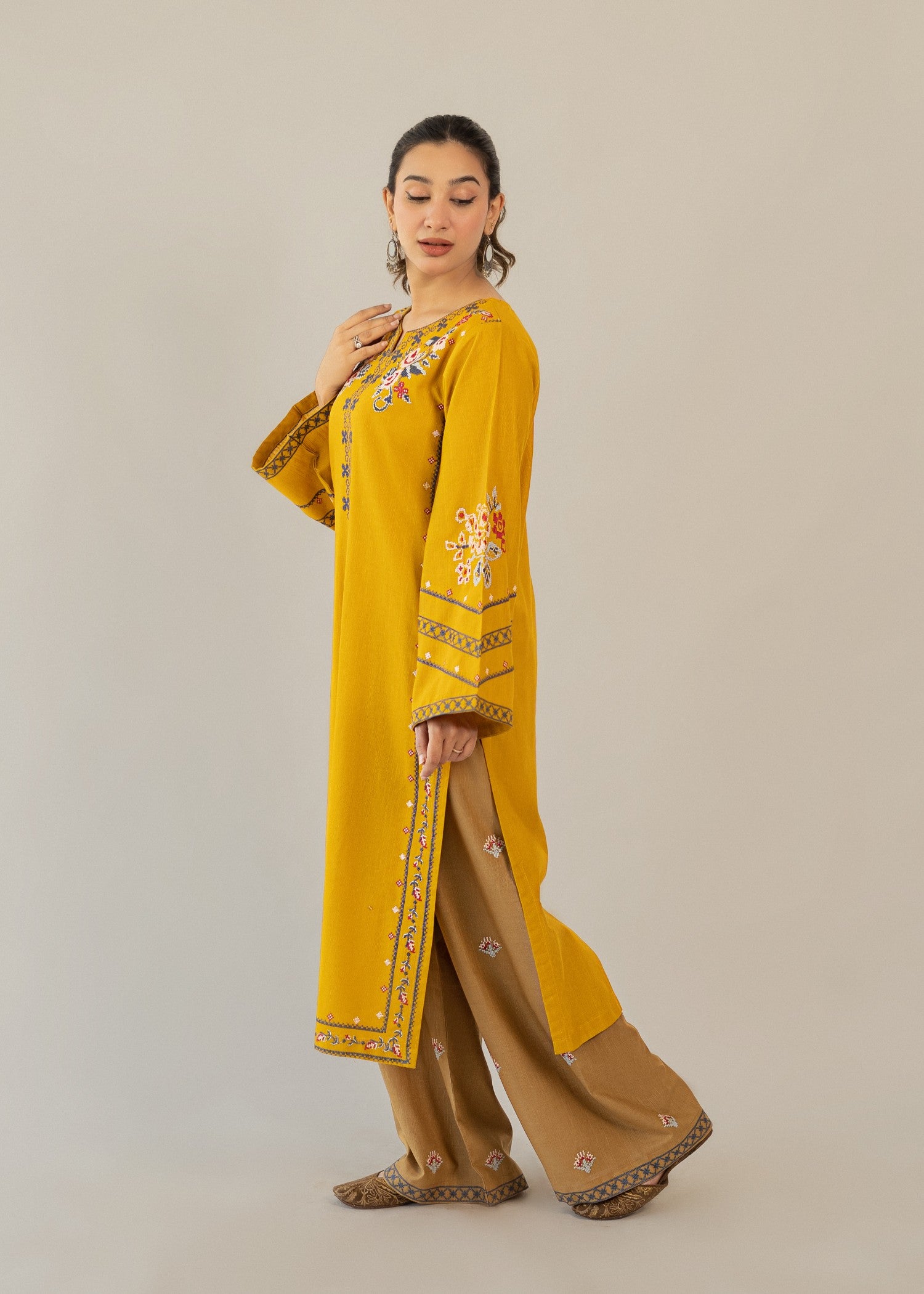 slub khaddar Kurta Set in Mustard, almond brown