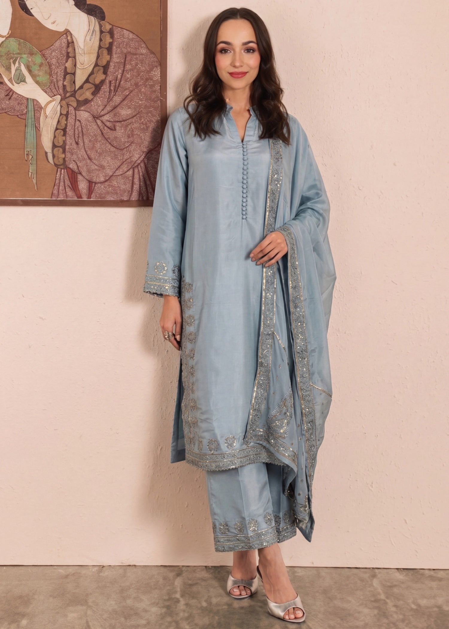 kattan silk Kurta Set in Ice blue