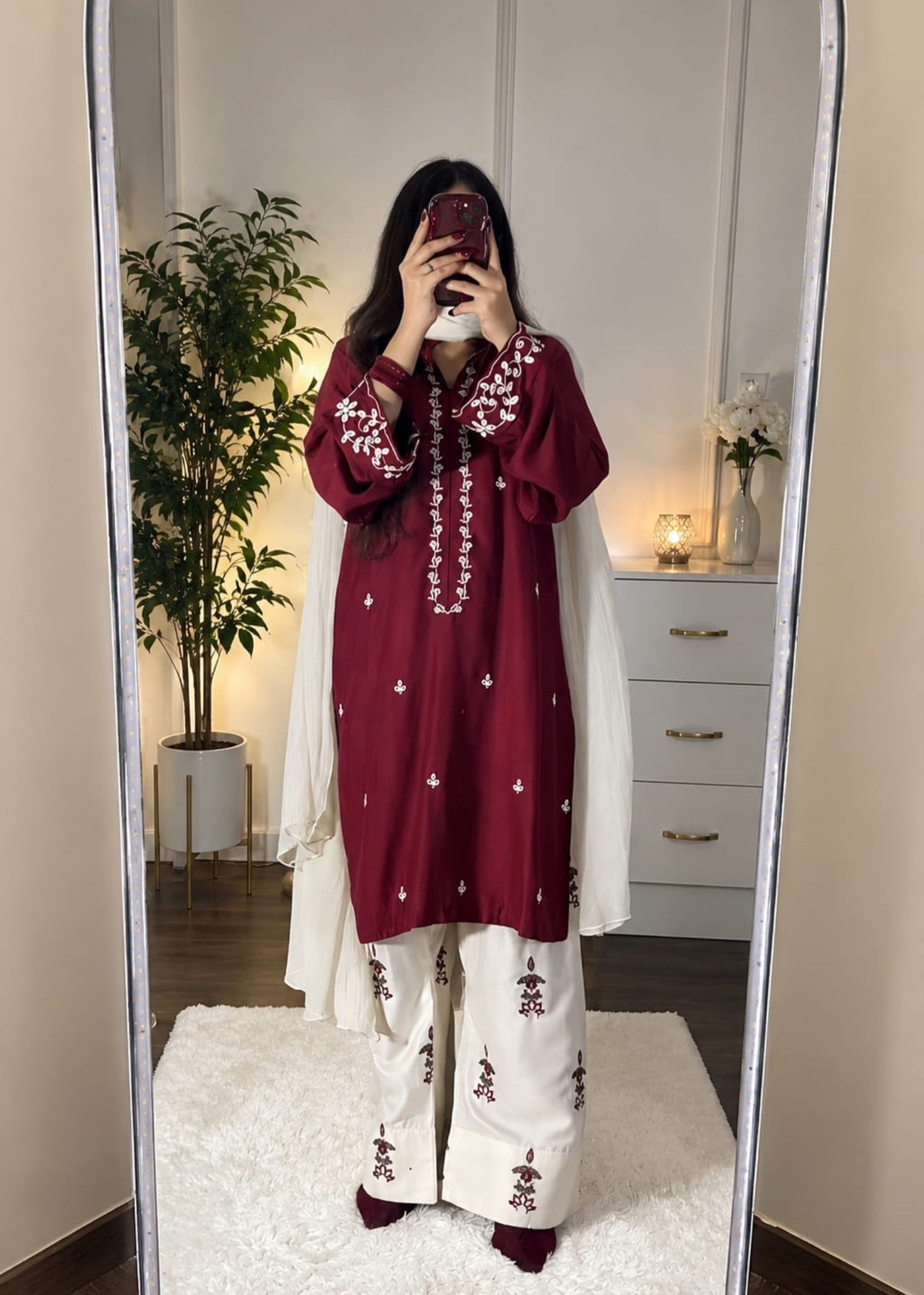 linen Kurta Set in White, maroon