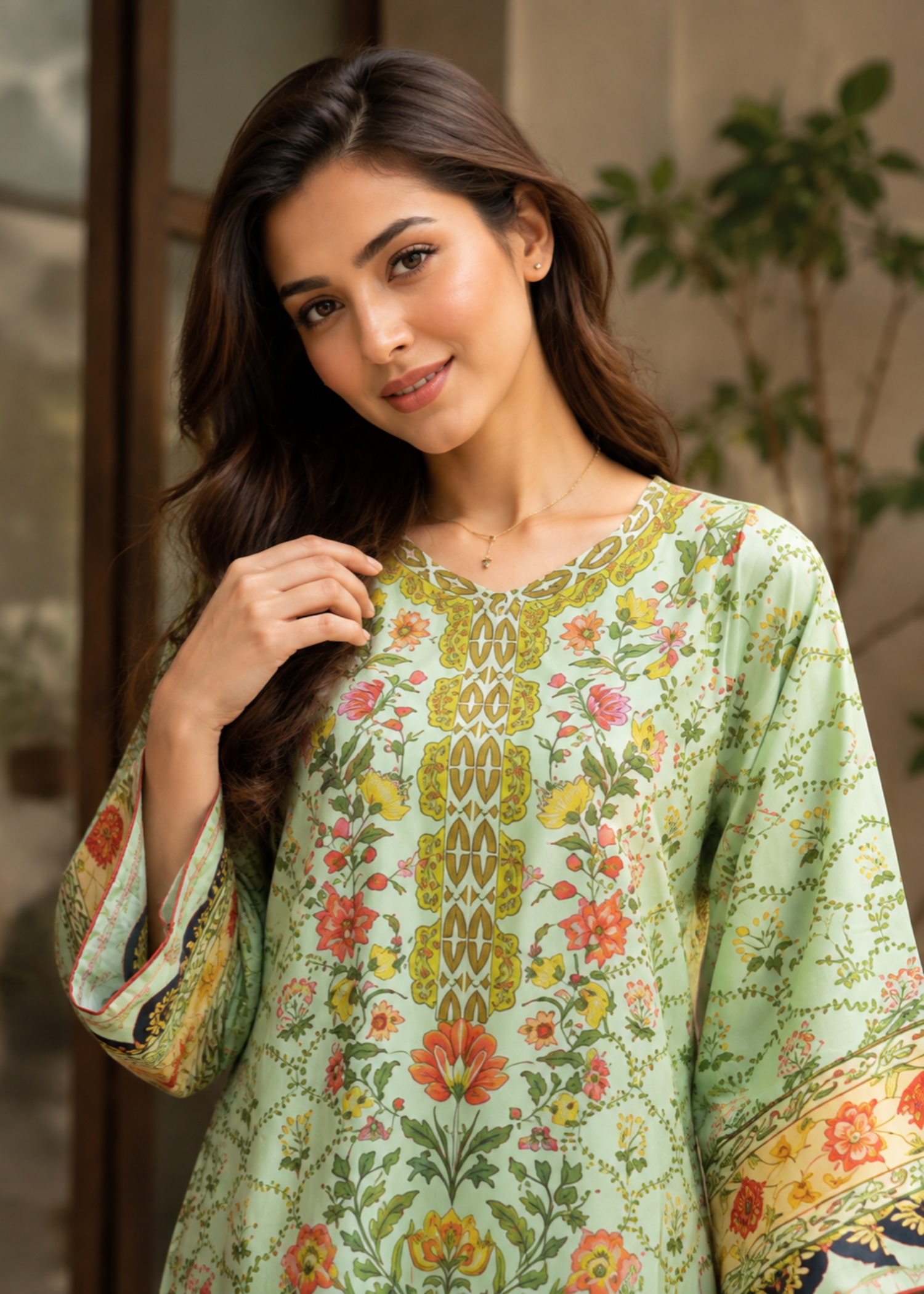 silk charmeuse Kaftan in Pistachio green
