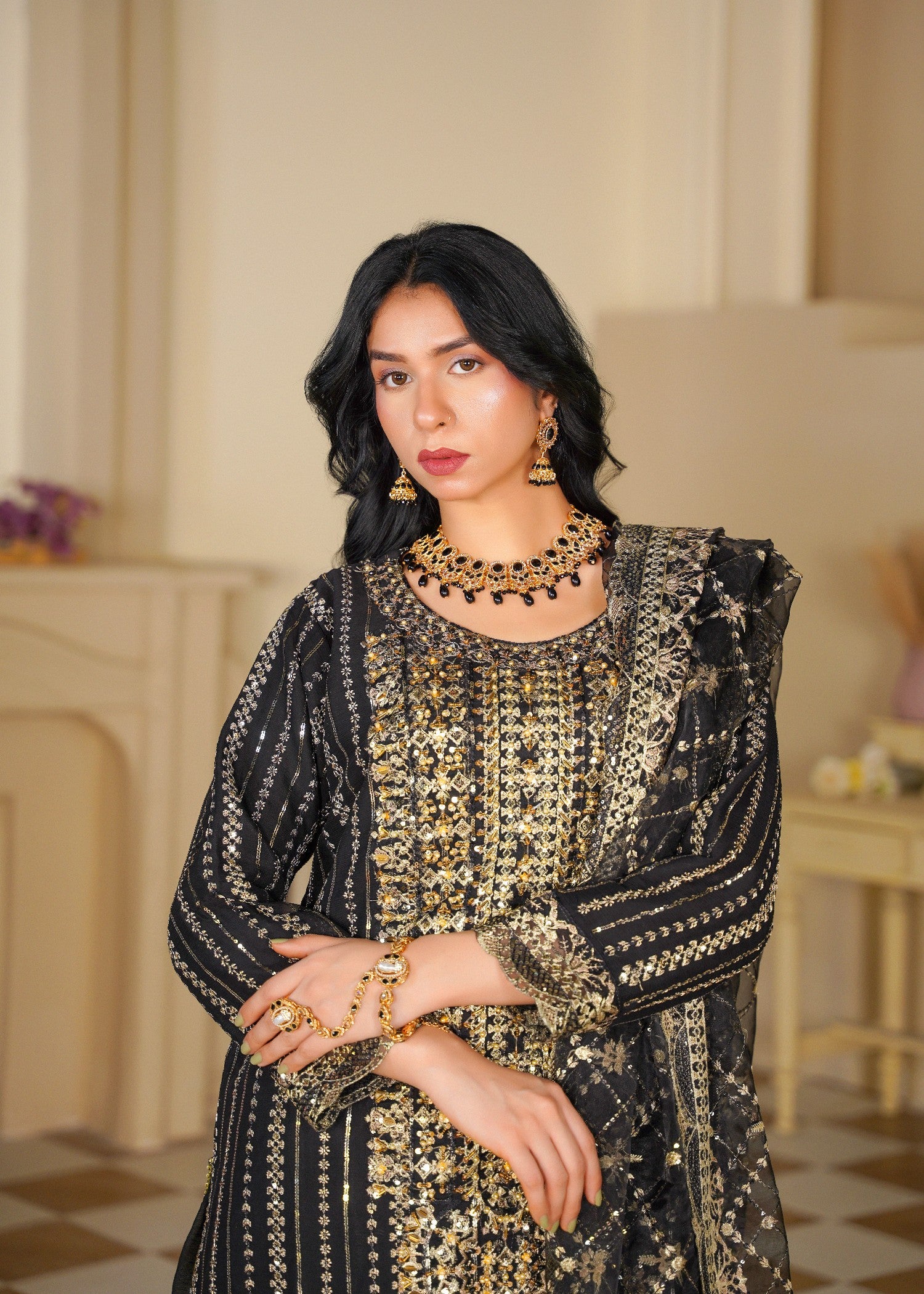 chiffon Sharara in Gold, black