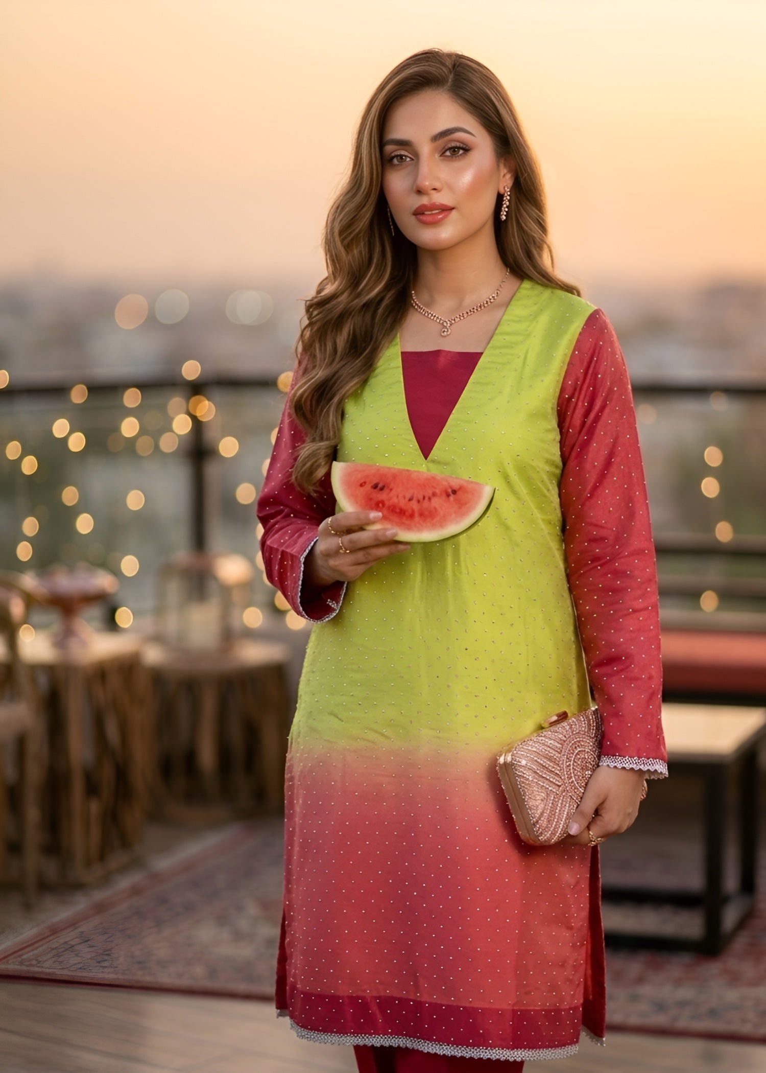 chiffon silk Kurta Set in Key lime, imperial red, watermelon pink