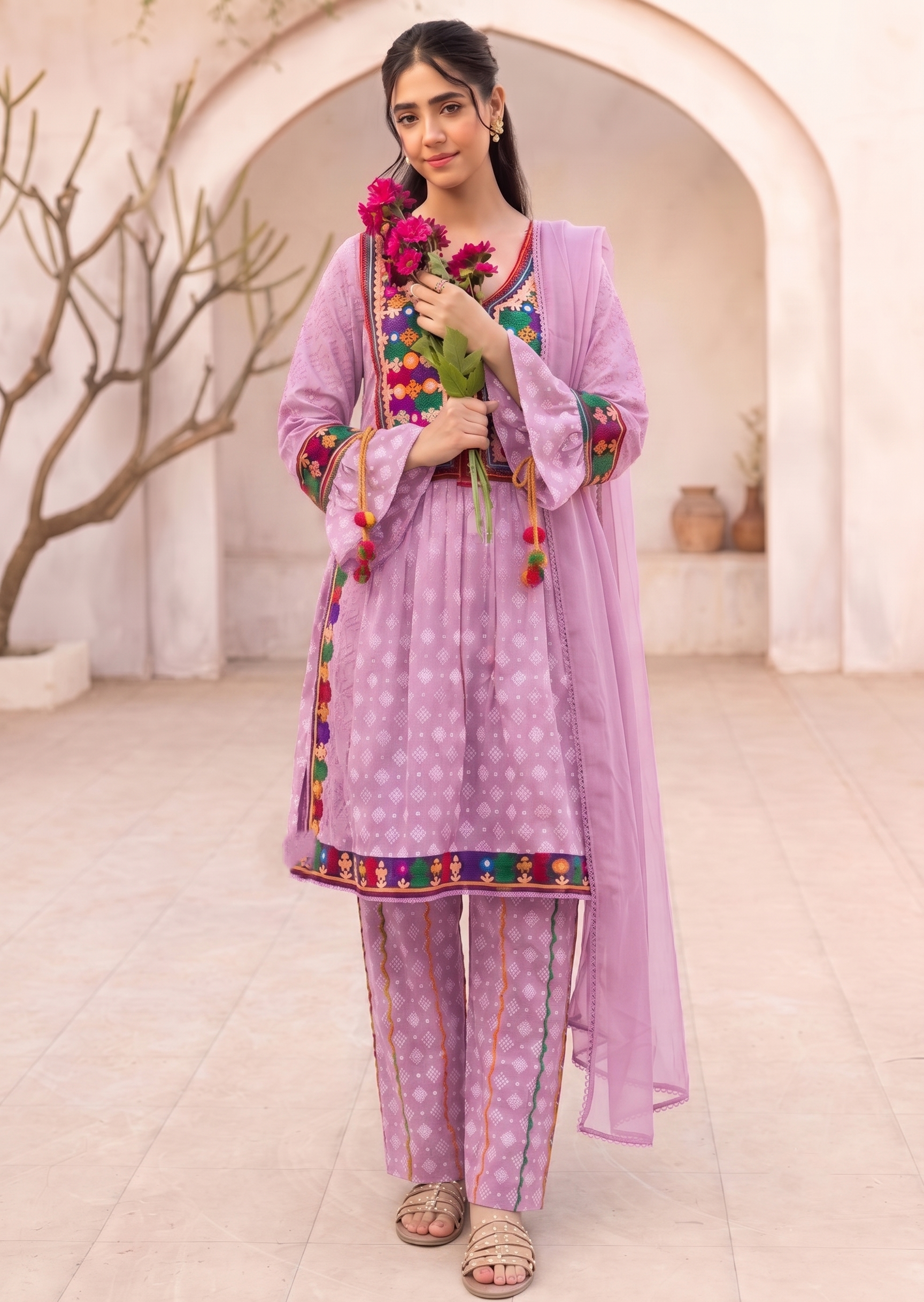 lawn cotton Kurta Set in Lavender pink